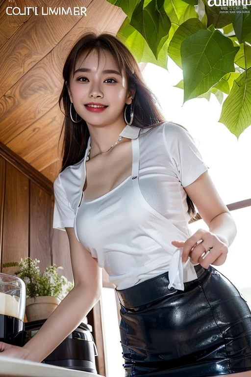 Beautiful woman、A face with glamorous eyeshadow and makeup、Plump body、Big Tits、Earrings、Are standing、Open-front short-sleeve shirt、Black vinyl micro mini skirt、White pants exposed、Skirt up、Public toilet cubicles、From the thigh up