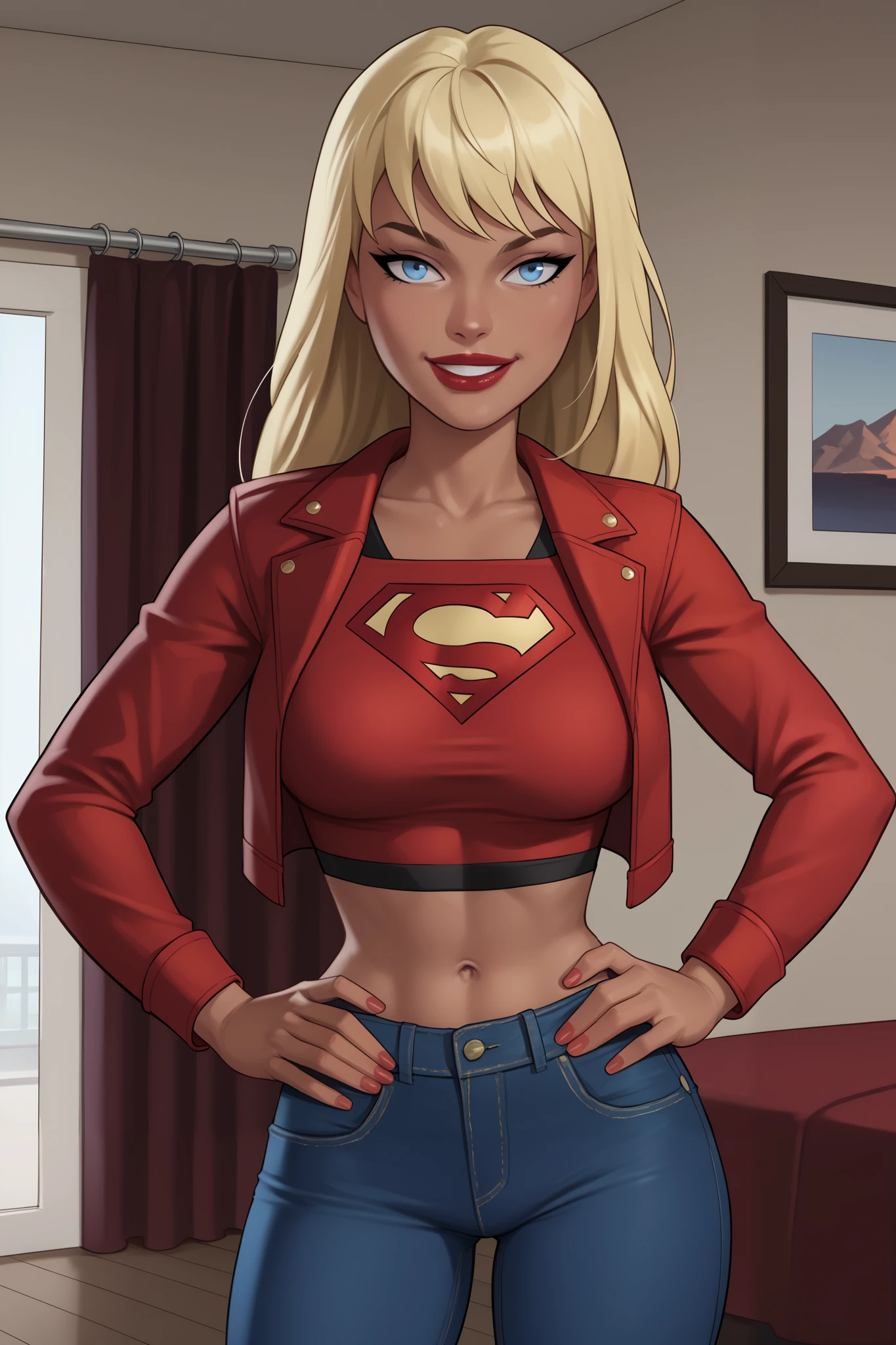 PonyXLV6_Scores BREAK ((parody), perfect anatomy, perfect eyes, cowboy shot) BREAK kara zor-el, long hair, blonde hair, blue eyes, dark-skinned female, lipstick, red lips, ((looking at viewer)), superhero, red crop top, black jeans, red leather jacket, large breasts, curvy, toned, athletic, standing, indoors, smile, bedroom, happy expression, open jacket, long sleeve, hands on hips