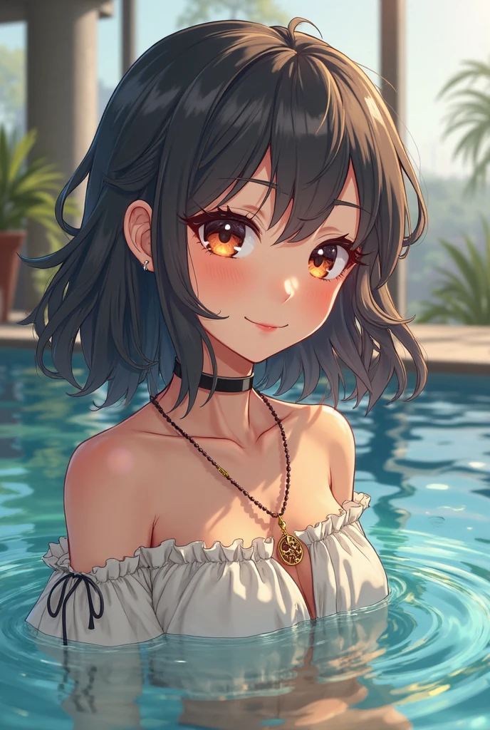 (anime style),masterpiece, best quality, extremely detailed,5Year old,tanned skin,dark skin, Beautiful body,small breasts,BREAK,multicolored colorful black hair,short hair,hair slicked back,for head,BREAK,black eyes,out tongue,shy smile,open mouth,mouth on water,half closed eye,detailed lips,open legs,BREAK,cotton black big ribbon,BREAK,yellow camisole,striped_bikini,off shoulder,navel,break,head tilt,in the park,dripping,Drinking fountains,