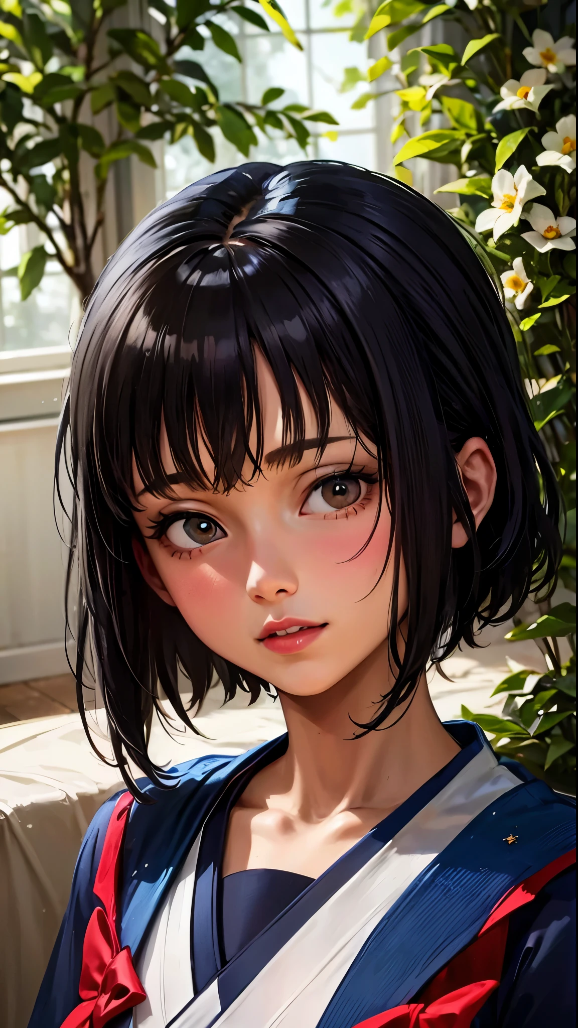 black hair droopy eyes is tall female short hair 1人のfemaleの子, expressionless shortcuts, kimono sailor suit