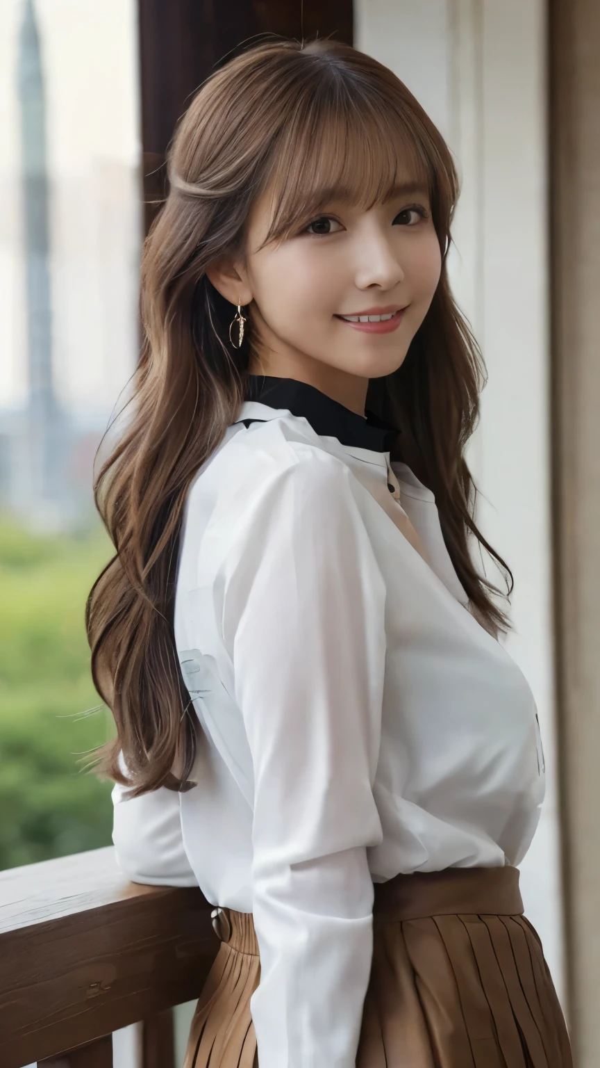 masterpiece, Highest quality, photorealistic, 超high resolution, fine-grained, high resolution, 8k Wallpaper, 1 beautiful woman,, Light Brown Disheveled Hair, wearing a business suit , sharp concentration, perfect dynamic composition, beautiful detail eyes, detailed hair , detailed realistic skin texture, smile, Closeup Portrait, model body type being committed in vs 、((Very long brown hair:1.2))、(( loose wavy hair :1.2)),((はにかんだsmile:1.3)),((gold necklace_big earrings:1.2)), full body shot 、(((Full-body supermodel standing, full body shot , show my whole body ))),(( White Long Sleeve Button Up Blouse_ with collar_Delete up to the second button_ brown pleated mini skirt :1.3)),((smileで_ running towards here_ Long Hair Fluttering :1.3))