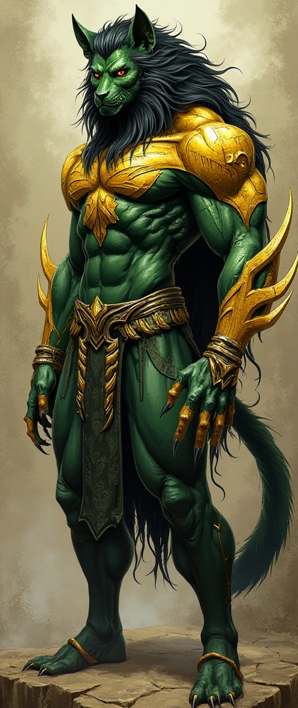 Make me a representation of Echidna, the Greek goddess of monsters. She was a giant creature with the torso of a physically strong and muscular monster woman with snake parts instead of legs. She has long green hair like vipers and glowing yellow eyes. She wears an Egyptian dress with a lot of skin showing. She has a dark and terrifying air. I would like the art in a fantasy RPG style. In the Old West.