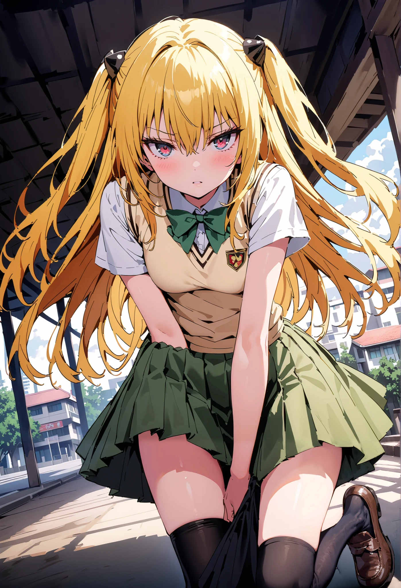 score_9, score_8_up, score_7_up, source_anime,
toloverudarkness, darkness, yellow hair , long hair, red eyes, hair ornaments close to the garden, two side up,
Sainan school uniform, shirt, white shirt, bow, green bow, skirt, green skirt, pleated skirt, short skirt,sweater , light brown sweater vest, short sleeve,Black socks,loafers, skirtタグ, eyelashes skirt tug, skirt,black string panties, Lift of the Wind , mad at my anal, teary eyes in the store,embarrassing,close your mouth, staring at you,angle from below,noon, bench,full bodyがイラストに入るように, break outdoors, School building,
break looking at viewer,full body,
break (masterpiece:1.2),Highest quality , kampala, Unity 8K Wallpaper ,(shape:0.8),( fine, beautiful eyes :1.6),It's a person ,full body写真,CG Details , ( perfect hands, complete anatomy),