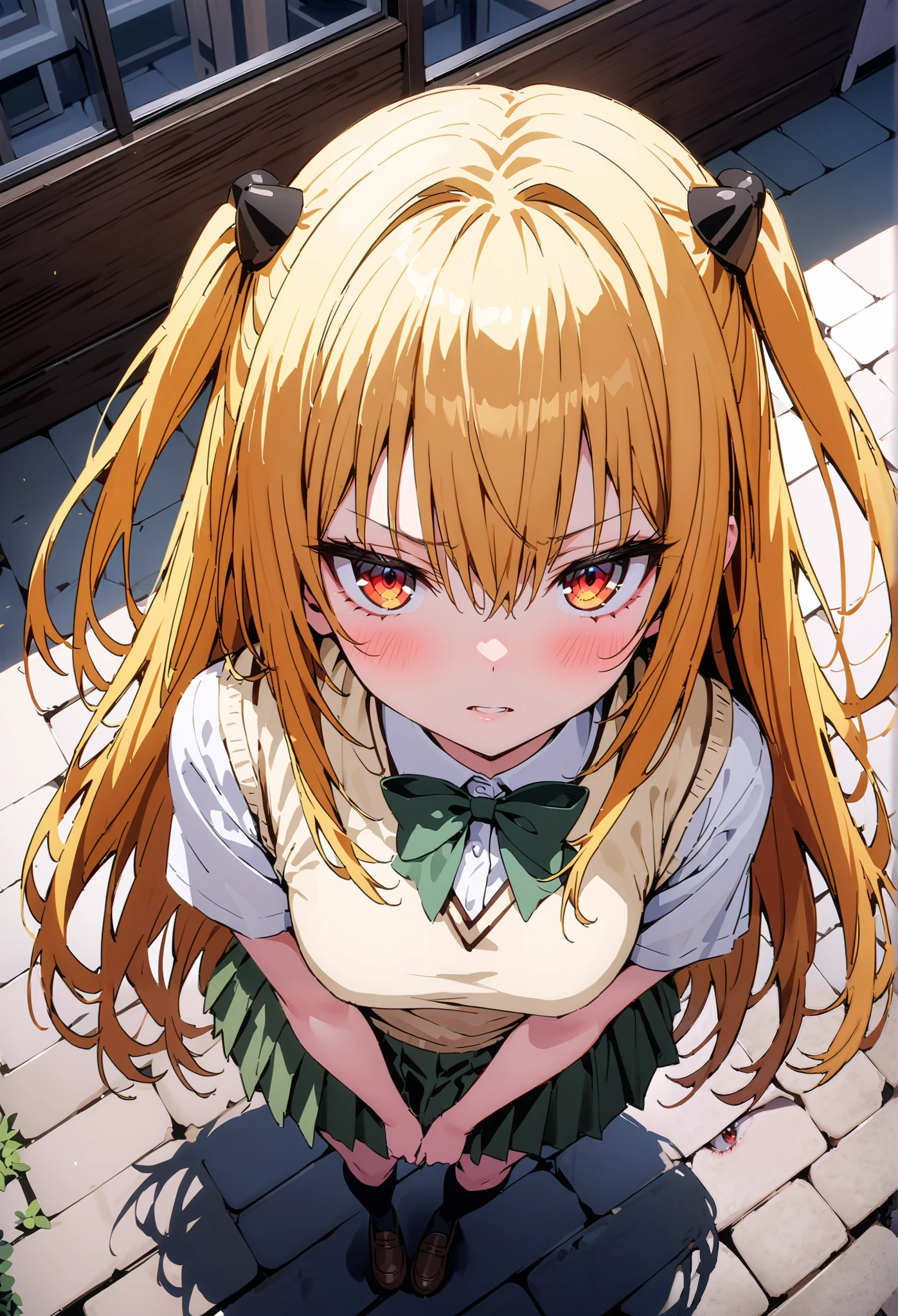 score_9, score_8_up, score_7_up, source_anime,
toloverudarkness, darkness, yellow hair , long hair, red eyes, hair ornaments close to the garden, two side up,
Sainan school uniform, shirt, white shirt, bow, green bow, skirt, green skirt, pleated skirt, short skirt,sweater , light brown sweater vest, short sleeve,Black socks,loafers, skirtタグ, eyelashes skirt tug, skirt,black string panties, Lift of the Wind , mad at my anal, teary eyes in the store,embarrassing,close your mouth, staring at you,angle from above,noon, bench,full bodyがイラストに入るように, break outdoors, School building,
break looking at viewer,full body,
break (masterpiece:1.2),Highest quality , kampala, Unity 8K Wallpaper ,(shape:0.8),( fine, beautiful eyes :1.6),It's a person ,full body写真,CG Details , ( perfect hands, complete anatomy),
