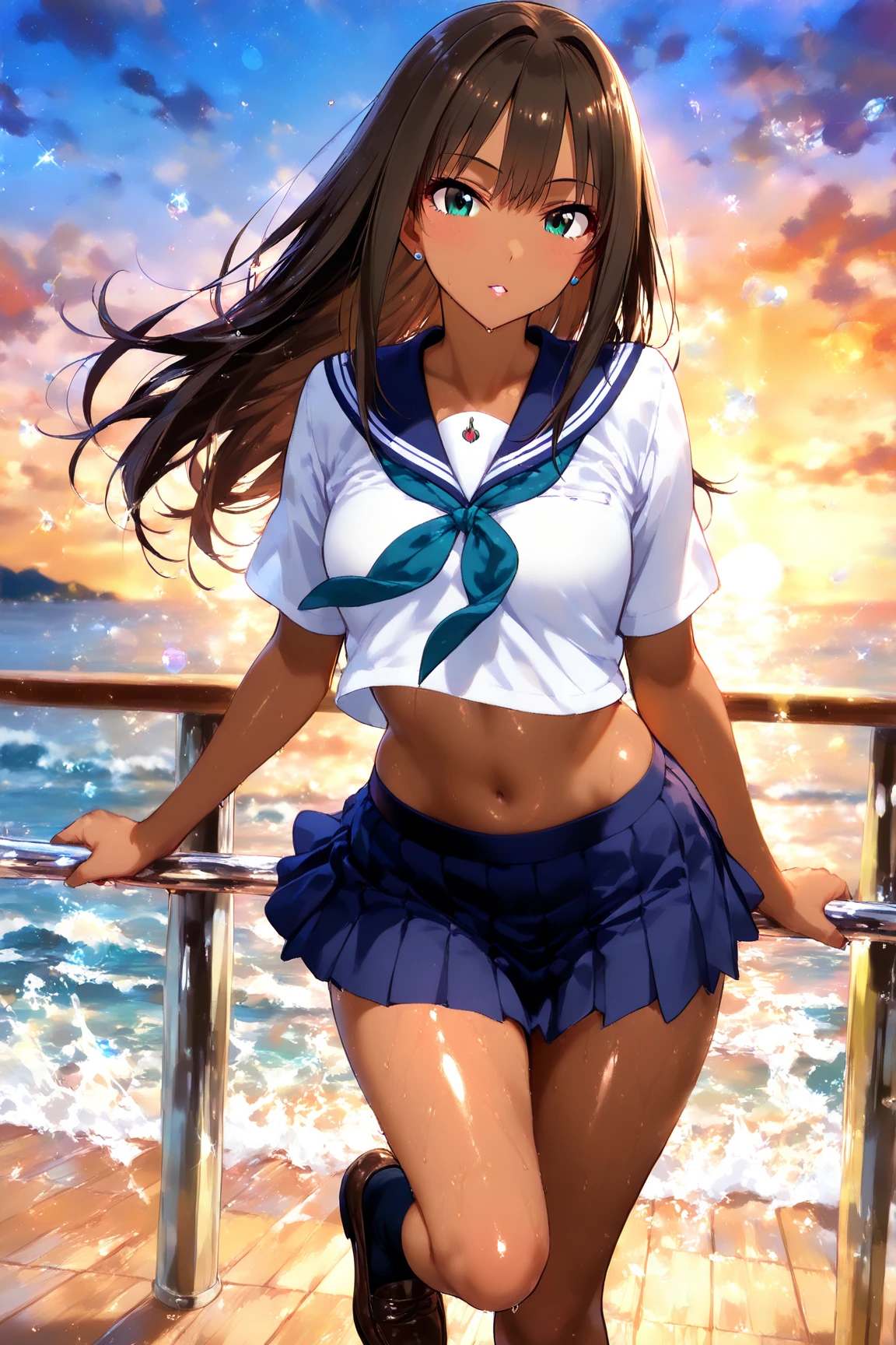 masterpiece、High resolution、High resolution、4K、8k、(((Spread your legs、Big Breasts、Exposing the breasts)))、((Shiny underwear、Panties worn)))、Uniform sailor suit、Beautiful beauty、Long black hair、((whole body))、(((Photo taken from below)))、School、classroom、Large Breasts、Big Breastini skirt、Panties are black、Japanese、expensive、Long limbs、18-year-old、Guan Yu Yunchang、A beautiful nose like a model、Please put your hands on your hips、Natural smile、Sexy pose、Hairstyle: Long hair、Beautiful belly button、Absolute area、Cowboy Shot