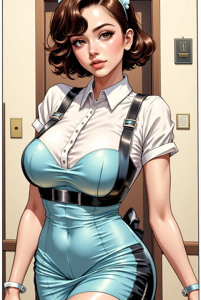 20 years old woman, Short brown hair, Méditerranéenne aux blue eye, Generous and heavy breasts, slender waist, definition of l&#39;estomac, fesses rebondies et pulpeuses, naturally curved, muscular thighs, aguicheuse, fitting room , blue eye, lunettes, leather skirt and bustier, talons, Selfie, side view, 