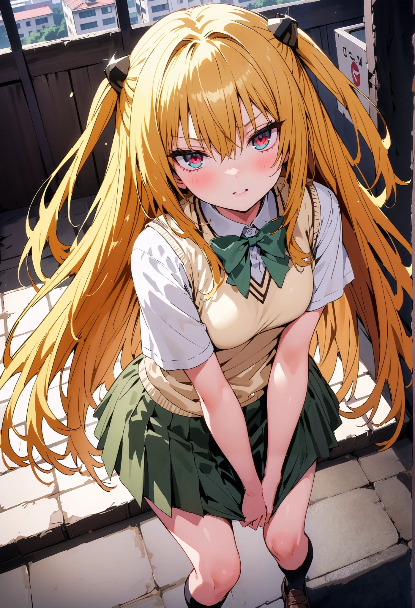 score_9, score_8_up, score_7_up, source_anime,
toloverudarkness, darkness, yellow hair , long hair, red eyes, hair ornaments close to the garden, two side up,
Sainan school uniform, shirt, white shirt, bow, green bow, skirt, green skirt, pleated skirt, short skirt,sweater , light brown sweater vest, short sleeve,Black socks,loafers, skirtタグ, eyelashes skirt tug, skirt,black string panties, Lift of the Wind , mad at my anal, teary eyes in the store,embarrassing,close your mouth, staring at you,angle from below,noon, bench,full bodyがイラストに入るように, break outdoors, School building,
break looking at viewer,full body,
break (masterpiece:1.2),Highest quality , kampala, Unity 8K Wallpaper ,(shape:0.8),( fine, beautiful eyes :1.6),It's a person ,full body写真,CG Details , ( perfect hands, complete anatomy),