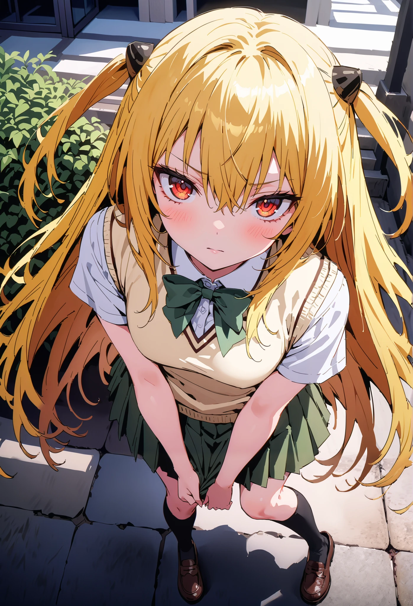 score_9, score_8_up, score_7_up, source_anime,
toloverudarkness, darkness, yellow hair , long hair, red eyes, hair ornaments close to the garden, two side up,
Sainan school uniform, shirt, white shirt, bow, green bow, skirt, green skirt, pleated skirt, short skirt,sweater , light brown sweater vest, short sleeve,Black socks,loafers, skirtタグ, eyelashes skirt tug, skirt,black string panties, Lift of the Wind , mad at my anal, teary eyes in the store,embarrassing,close your mouth, staring at you,angle from above,noon, bench,full bodyがイラストに入るように, break outdoors, School building,
break looking at viewer,full body,
break (masterpiece:1.2),Highest quality , kampala, Unity 8K Wallpaper ,(shape:0.8),( fine, beautiful eyes :1.6),It's a person ,full body写真,CG Details , ( perfect hands, complete anatomy),