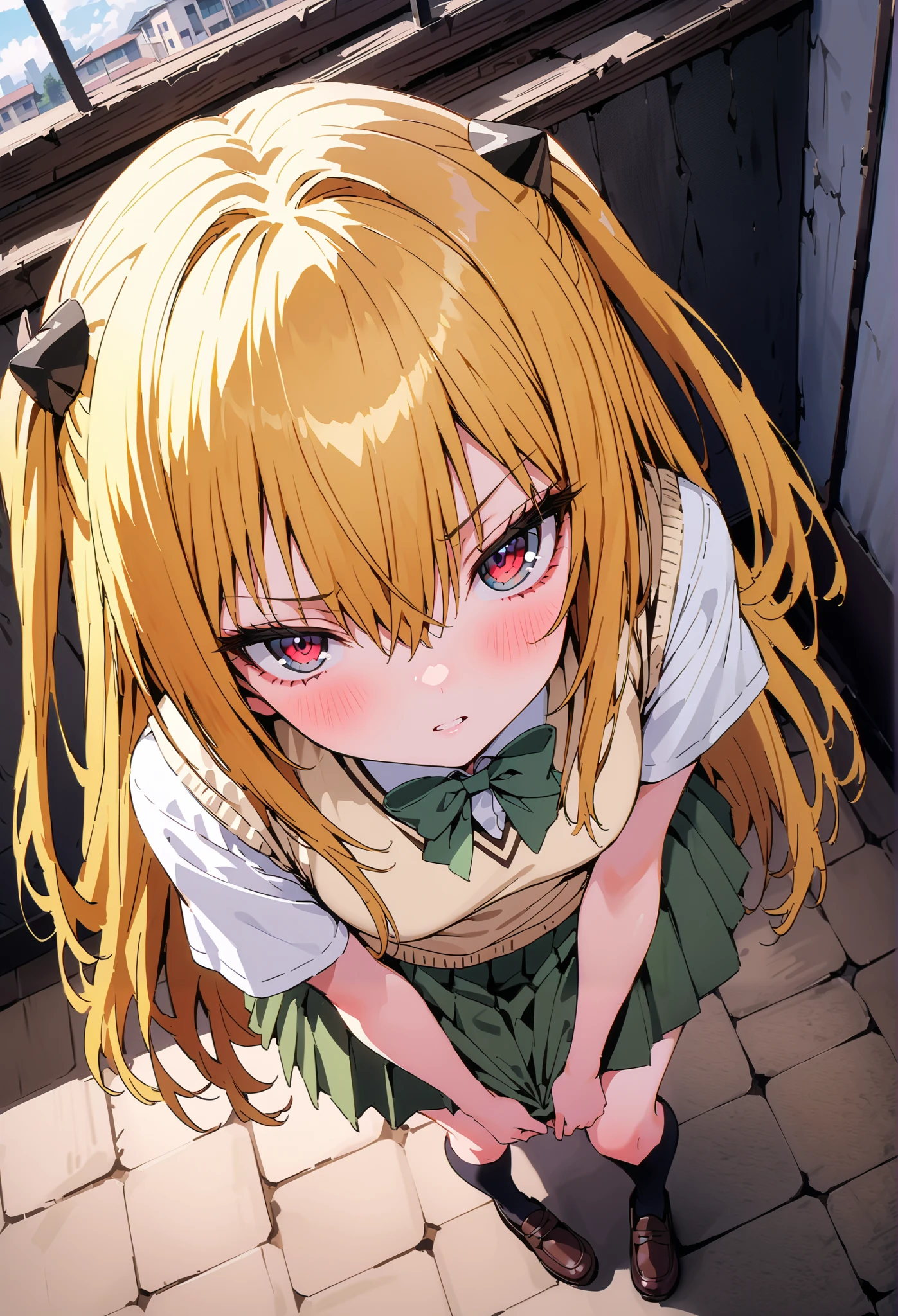score_9, score_8_up, score_7_up, source_anime,
toloverudarkness, darkness, yellow hair , long hair, red eyes, hair ornaments close to the garden, two side up,
Sainan school uniform, shirt, white shirt, bow, green bow, skirt, green skirt, pleated skirt, short skirt,sweater , light brown sweater vest, short sleeve,Black socks,loafers, skirtタグ, eyelashes skirt tug, skirt,black string panties, Lift of the Wind , mad at my anal, teary eyes in the store,embarrassing,close your mouth, staring at you,angle from above,noon, bench,full bodyがイラストに入るように, break outdoors, School building,
break looking at viewer,full body,
break (masterpiece:1.2),Highest quality , kampala, Unity 8K Wallpaper ,(shape:0.8),( fine, beautiful eyes :1.6),It's a person ,full body写真,CG Details , ( perfect hands, complete anatomy),