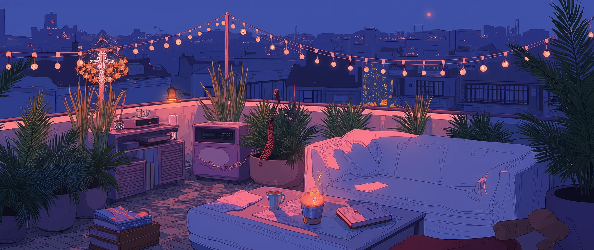 Rooftop at night、nighttime scene、outside of house、with no people、Calm and meditative atmosphere、houseplant、Lo-fi atmosphere、String Light、Cozy sofa、Pink radio with retro design、Hot coffee on the coffee table、Warm blanket、 books、There is an acoustic guitar、