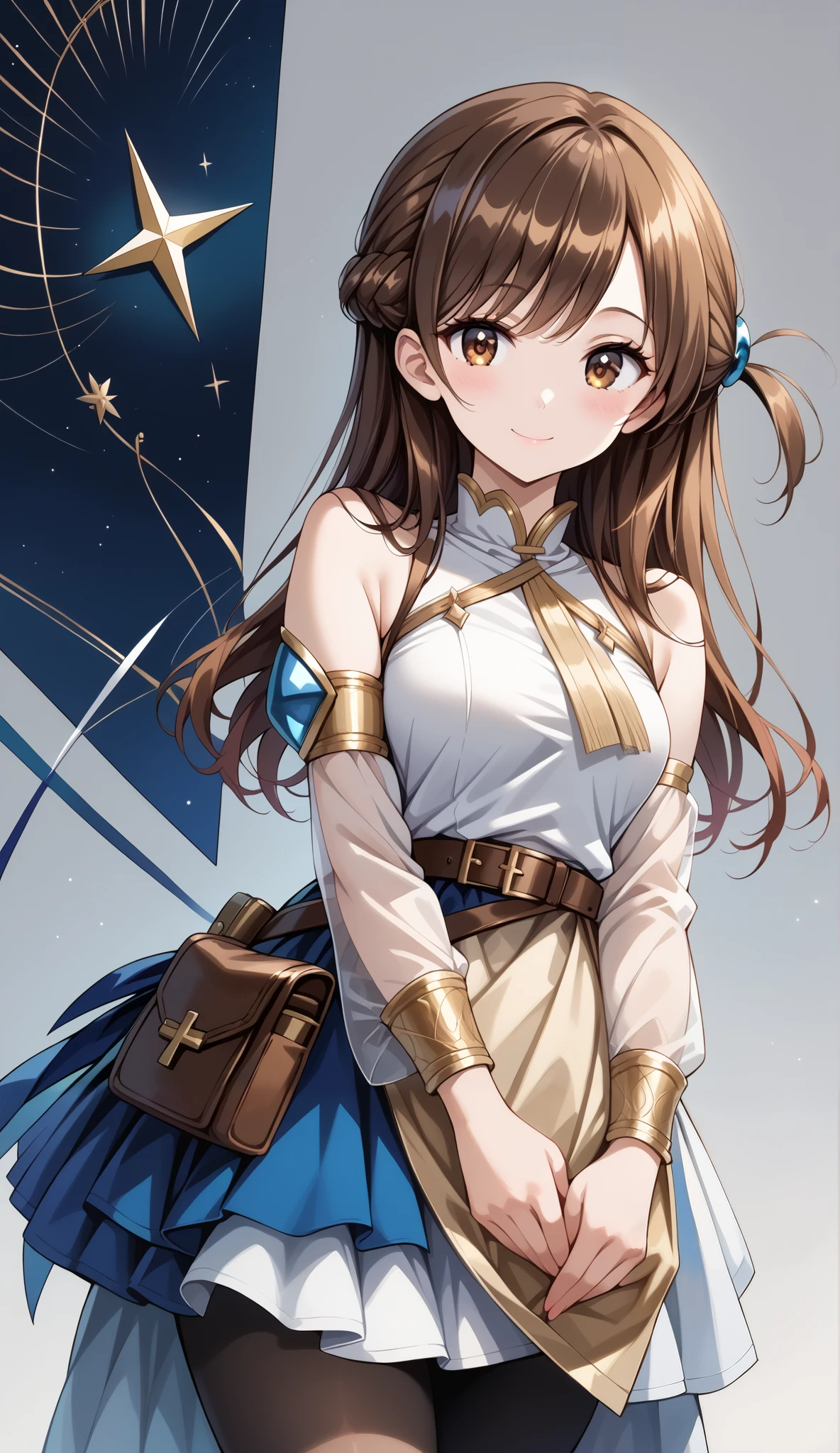 score_9, score_8_up, score_7_up, source_anime, 4K,perfect fingers,(perfect hands, perfect anatomy),prefect lighting, very aesthetic, intricate details,highly detailed background, masterpiece, high quality, best quality,
1girl,solo,chizuruichinose, chizuru ichinose, long hair, bangs, brown hair, brown eyes, one side up, ,large breast,
wearing ((sleeveless off-white top with a gold neckline and a teal-colored,short,flowing dress or tunic, The dress has gold trim and a geometric pattern along the hemline, Brown straps cross her waist, She has gold arm bands on her forearms and wears white or light-colored, sheer sleeves under her arms, A small dark brown pouch or satchel is attached to her belt, )),,
((White plain background:1.5)) , looking at viewer, smile,(perfect hands, perfect anatomy),filed, high thigh individual , fullbody,