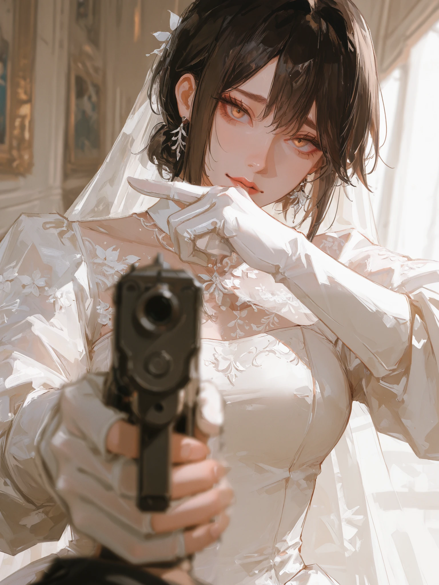 Tomboy,(masterpiece:1.2), (detailed), beautiful clear face, wearing a wedding dress, mature, crying_with_eyes_open, hold a pistol pointing at viewer, 1 hand over mouth, sad expression, dynamic angle, available light, rim light, soft lighting, cinematic, blurry foreground, (best quality:1.2)
