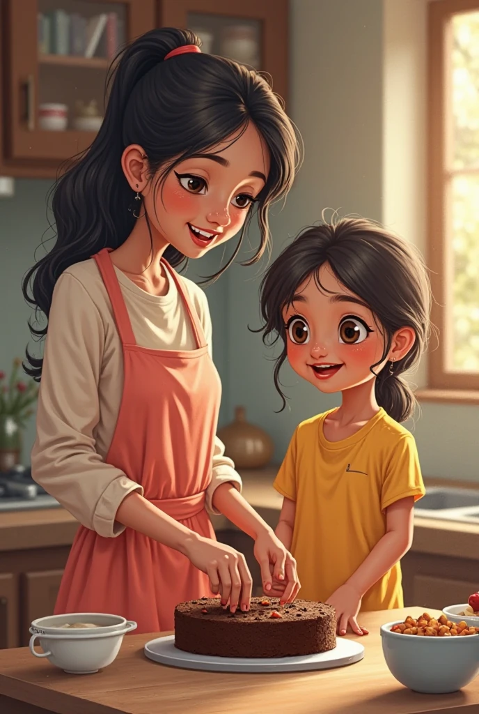 The pigtailed girl loves her mother very much. The pigtailed girl's mother is kind and cooks delicious food.