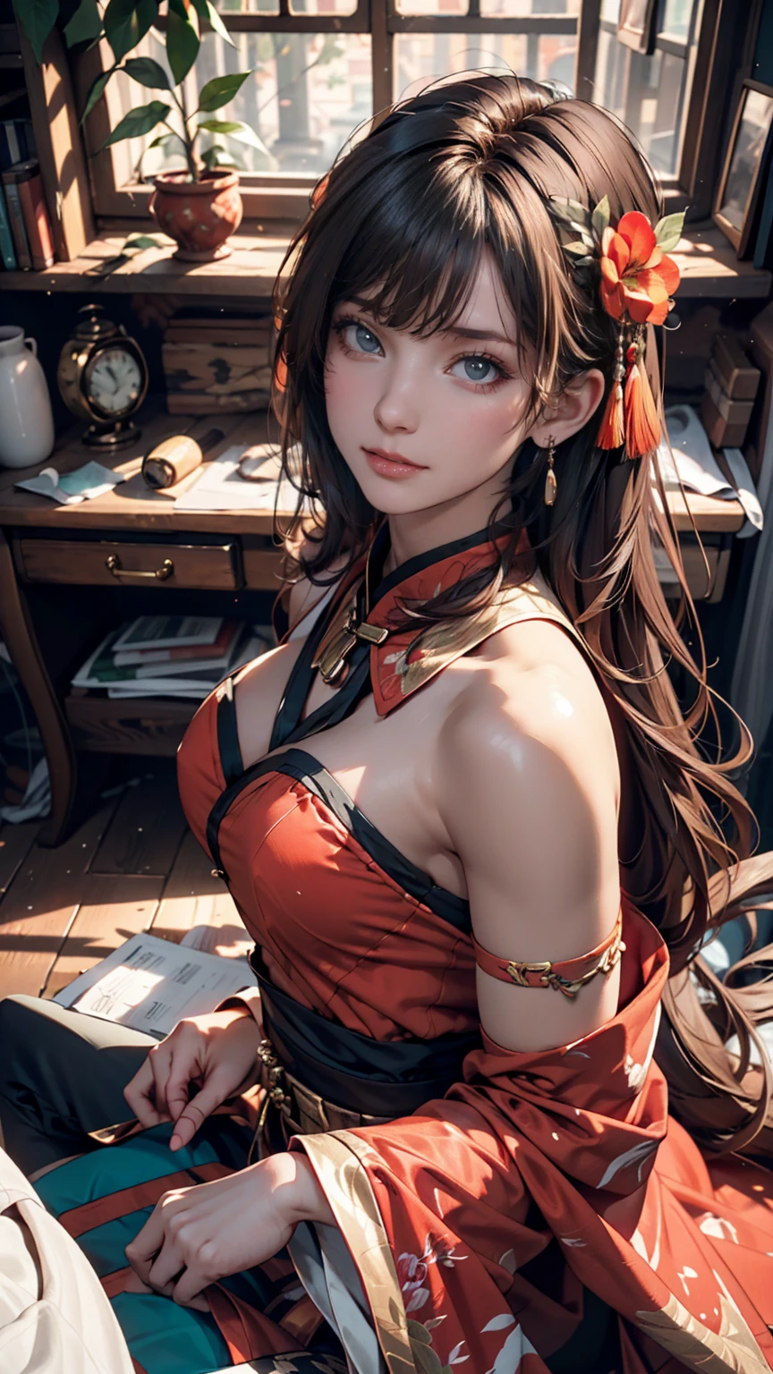 (RAW photo, best quality), (realistic, photo-realistic:1.3),best quality,highly detailed,masterpiece,ultra-detailed,illustration,1girl,upper_body,dynamic angle,world masterpiece theater,messy_long_hair,best quality,extremely detailed CG unity 8k wallpaper,ink,Amazing,cinematic lighting,lens_flare, dunhuang_style