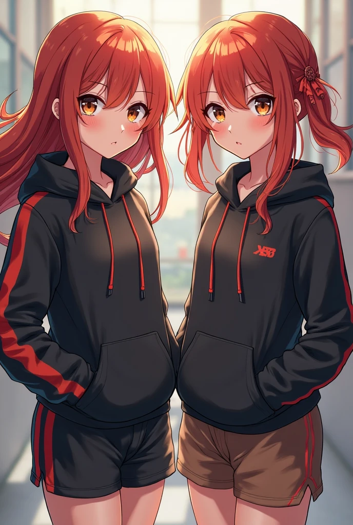 Twin sisters, Both with amber eyes and reddish hair, One of them with the wob style hairstyle and the other sister with black sportswear and light touches of red and orange... all in anime style