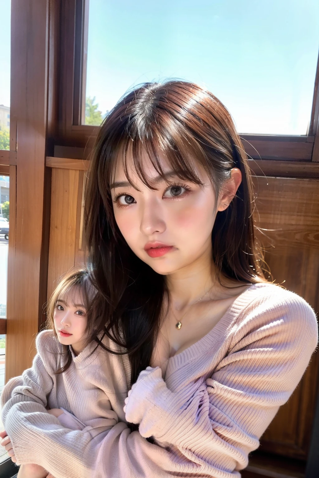 Slender woman、Brown-haired short bob、Open your mouth wide and close your eyes、small tit、
