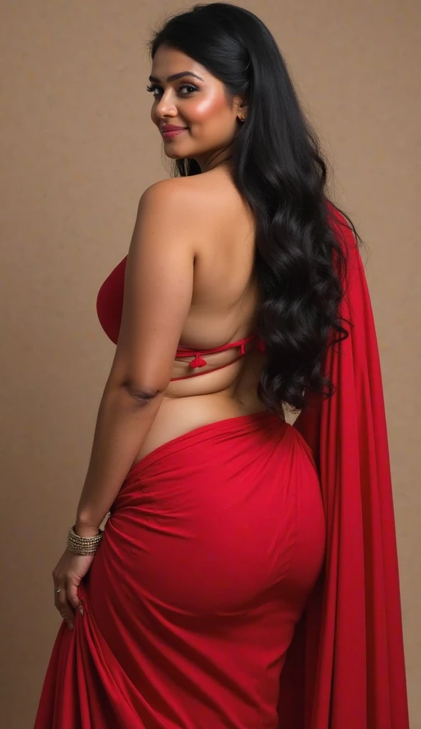 A beautiful married woman(voluptuous, sexy, curly hair) wearing backless saree showcasing her beautiful sexy back(gorgeously delicate).