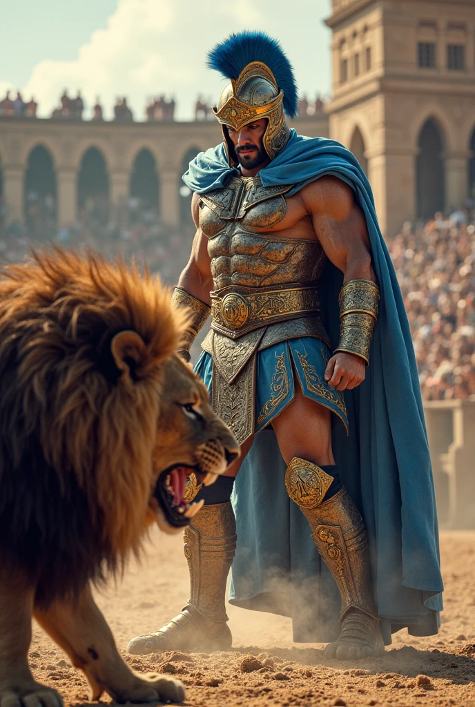 Very detailed, full color, full body photograph of a centaur..:1.2, standing, high, long brown hair, gauntlets, showing chest, ((hairy chest+)) raising a victorious arm, detailed muscular physique, Realistic representation, 4k resolution. below: greek temple, 32k UHD, Best Quality, masterpiece.