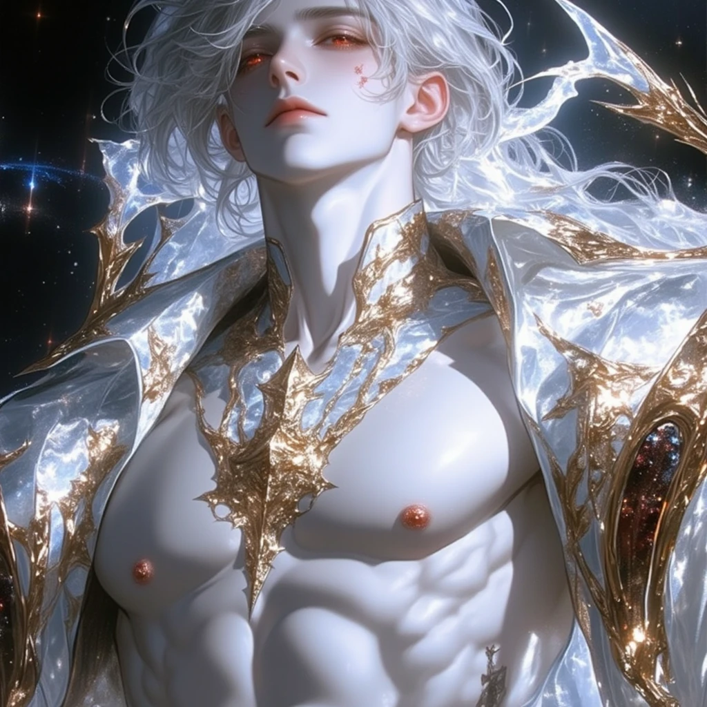 (masterpiece, top quality, best, official art, beautiful and aesthetic, long exposure:1.2), luminous trails, captivating patterns, visual chaos,
(1man, masculine, adult hungarian male:1.2), silver eyes, black taper fade,
(style-swirlmagic:0.7), portrait, solo, (full body:0.6), looking at viewer, detailed background, detailed face, (GemstoneAI, gemstone theme:1.1) embodied star constellation, star sign, horoscope, calm composure, mythical, scorpio, patterns, interstellar , galaxies, aura, floating particles, backlighting, cosmic space background, surreal ethereal atmosphere,