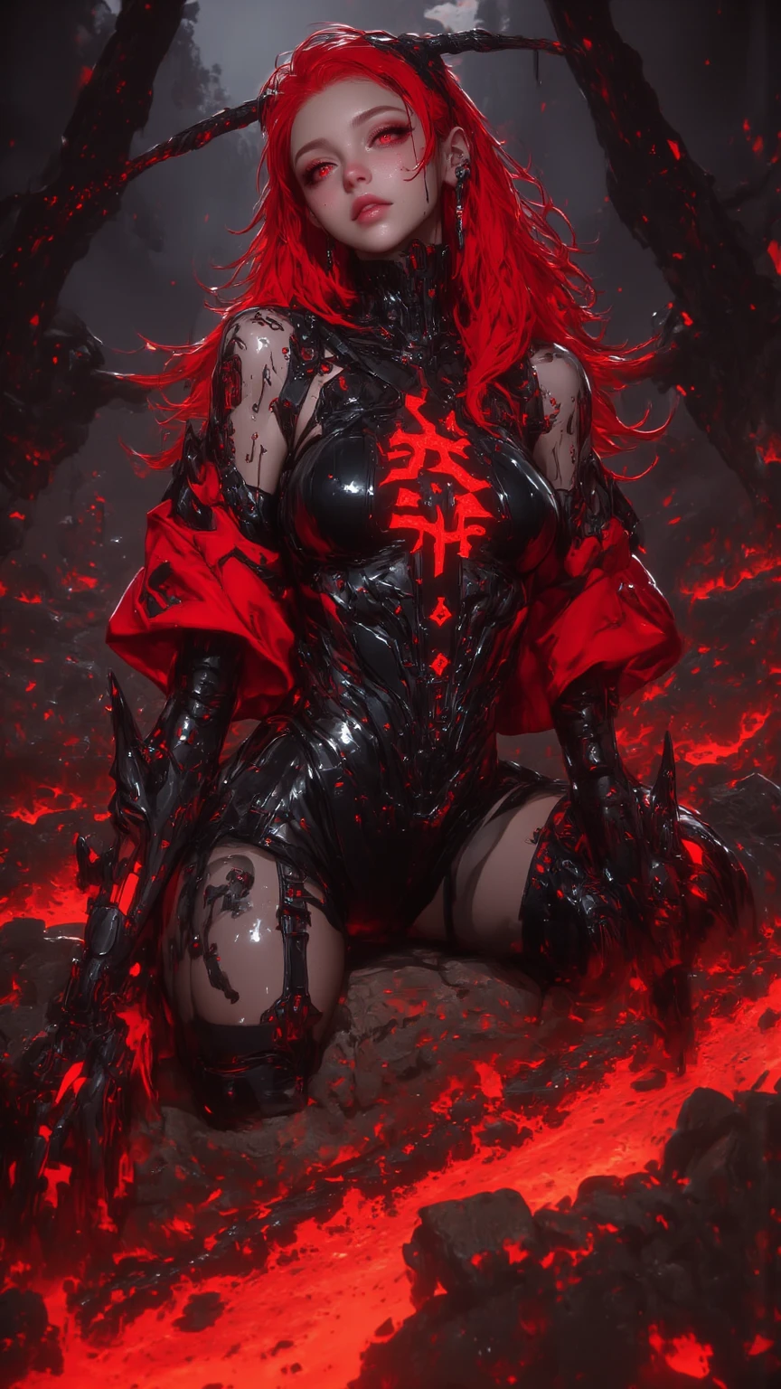 A beautiful demoness with bright glowing red eyes on the hunt for her prey, with an evil smile displayed on her flawless gorgeous face,