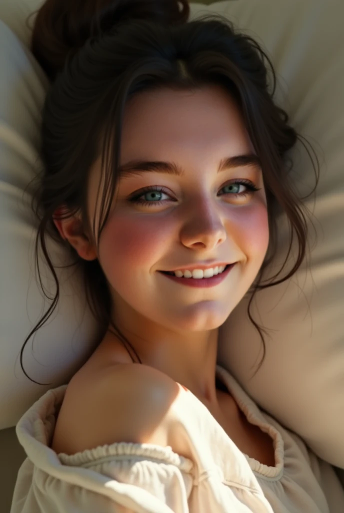 cute 12 year old girl, cum in face, slim figure, revealing clothes, cute clothes, skimpy clothes, photo taken from above, detailed face, beautiful eyes, long eyelashes, cute expression, cozy living room, photorealistic, 4k, high quality