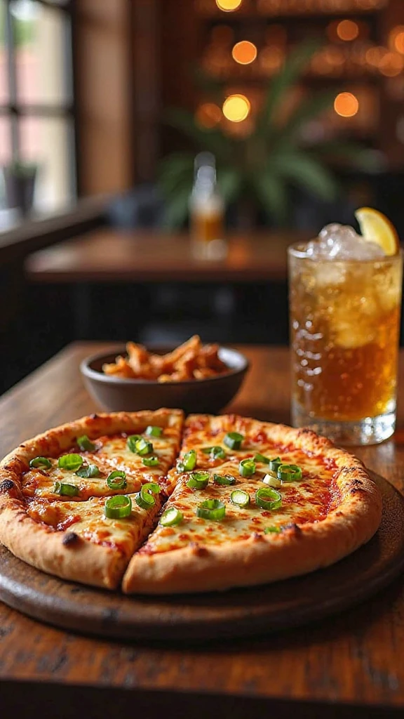 A hyper-realistic, A delicious chicken teriyaki pizza with melted cheese, drizzled with teriyaki sauce, and garnished with fresh green onions, served on a rustic wooden board. Beside it, a glass of Glenlivet  whisky highball with ice, condensation on the glass, and a slice of lemon on the rim. The setting is a cozy pub with warm ambient lighting, creating a casual yet sophisticated atmosphere. The image should have a realistic style with warm, inviting tones.