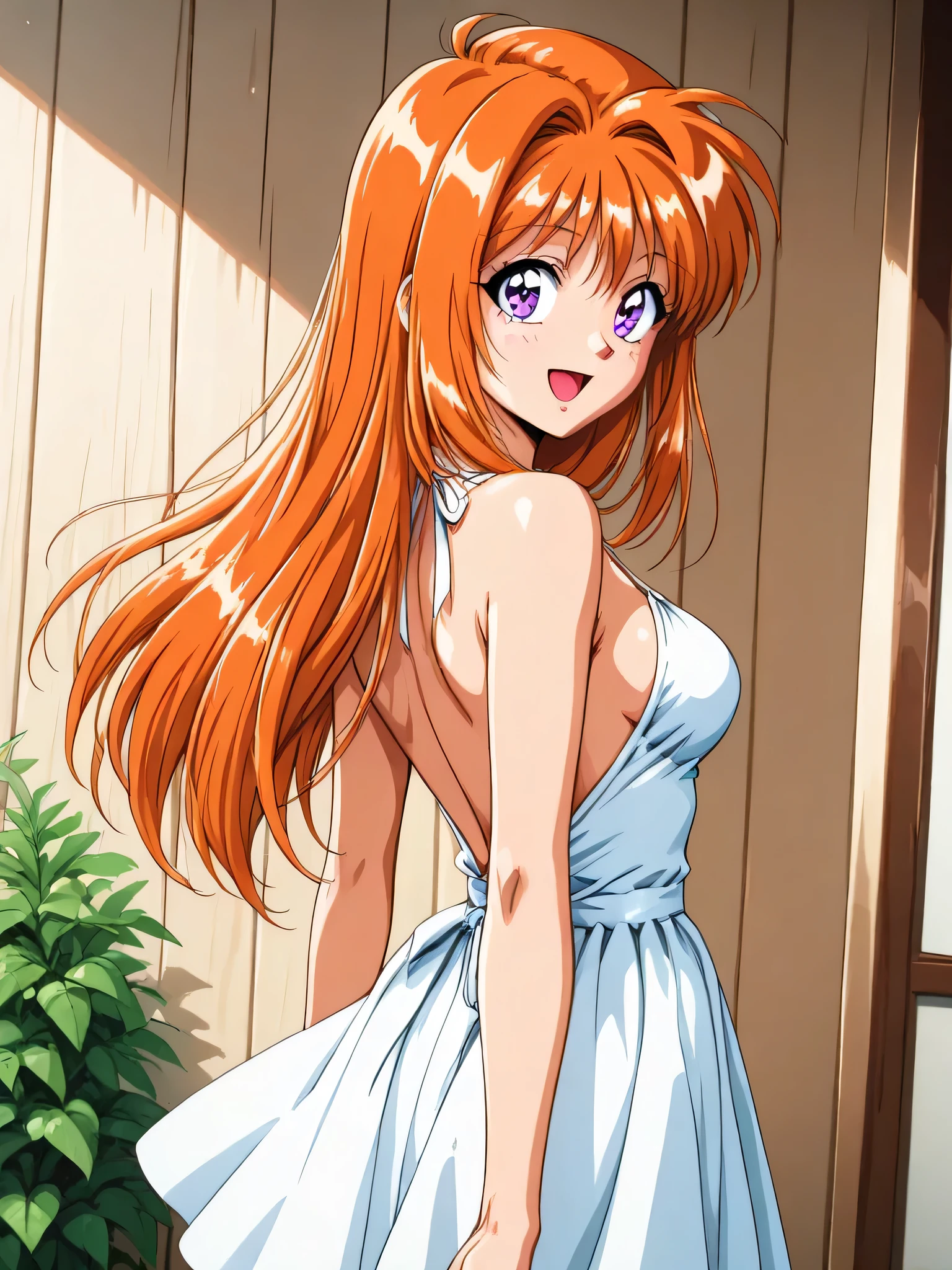 masterpiece, TOP QUALITY, Saeki Ruruna , 1 girl, Alone, long hair, orange hair, purple eyes, medium breasts, retro art style, anime coloring book, smile, happy, , backless dress, white dress, tree々 Sunlit Beach Shining Through , cinematic angle ,