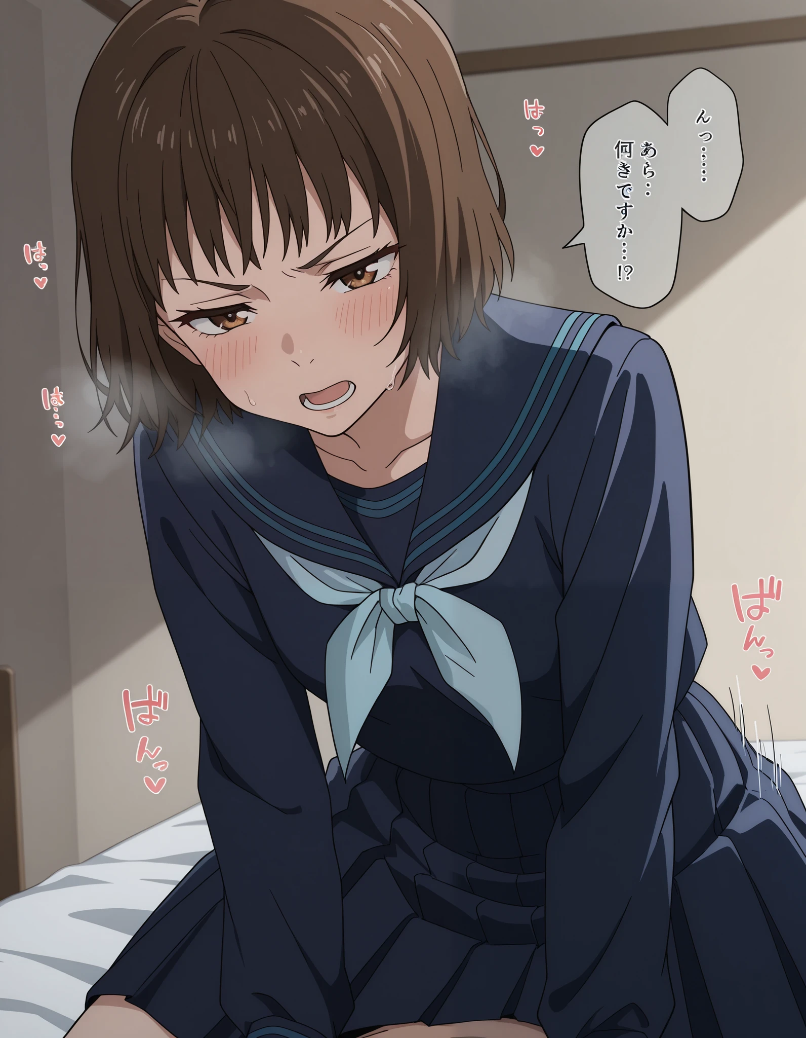 1girl,explicit,hasaba mimiko, short hair, brown hair, choppy bangs, brown eyes, serafuku, long sleeves, blue shirt, blue sailor collar, white neckerchief, blue skirt, pleated skirt, medium skirt, medium skirt, female focus,sex, cowgirl position, annoyed, blush, heavy breath, on bed, torogao,male frameout,[[[sound effects]]],faceless 1boy,hetero,masterpiece, best quality,,