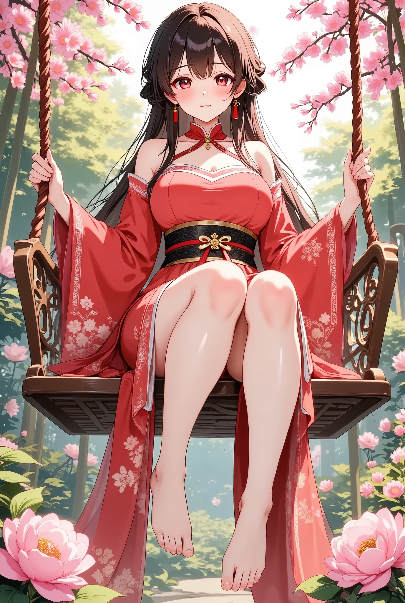 (tmasterpiece:1.2),, A woman, Sitting under a tree, Blossoming flowers, wearing jewelry, in a dress, through her hair, Flowing long hair, adorned with a hairpin, gazing at the viewer, in traditional Japanese attire, dark hair, floral hairpin, Auburn hair, bare shoulders, cascading hair, wide kimono sleeves, long sleeves, amber eyes.
