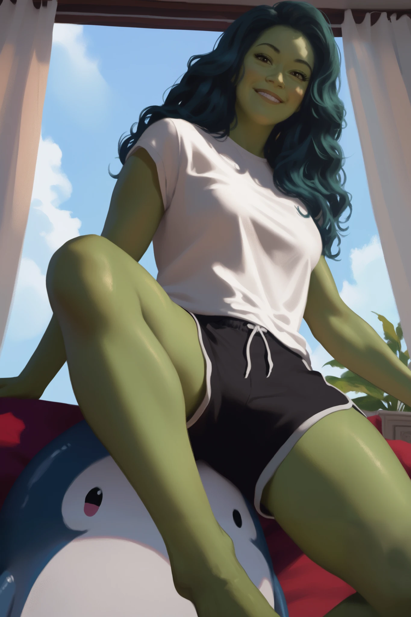 tatmshlk, a woman
long wavy hair
hair bun, Green skin, white t-shirt, dolphin shorts,
Medium round breasts, breasts appart, curvy body, curvy legs, barefoot, sexy, seducing, looking at viewer, smiling, bedroom, semi realistic art style, semi realistic, Cartoon, low angle, from below
