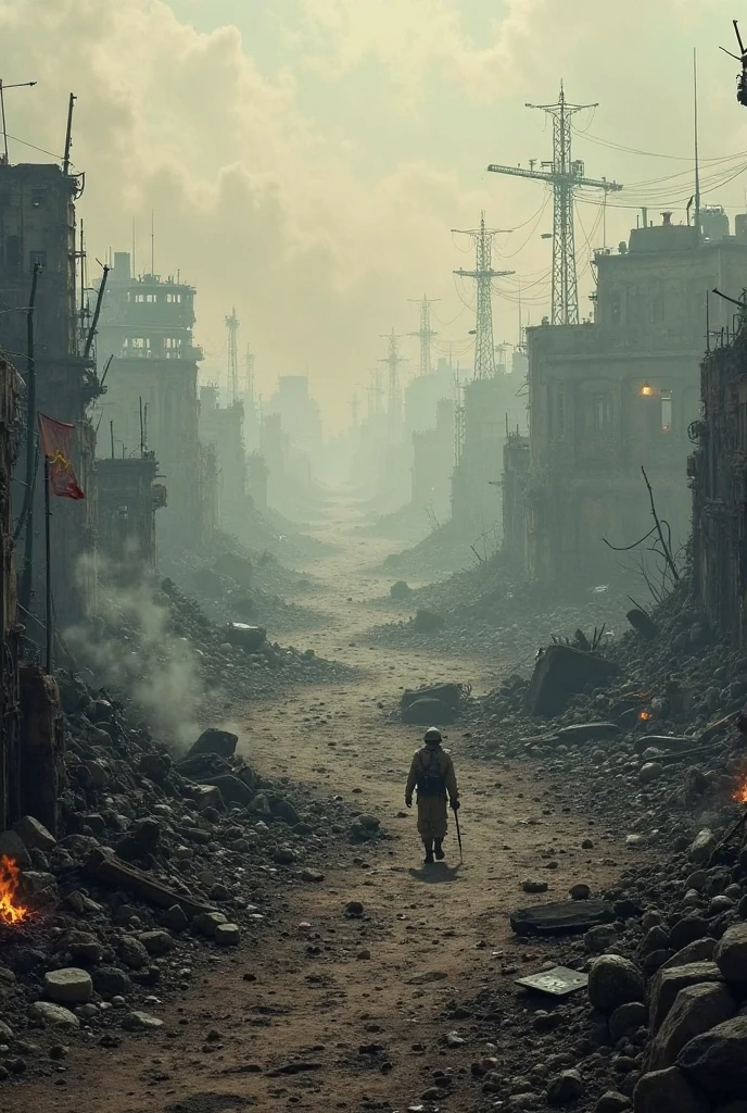 Describe the environment as a post-apocalyptic scenario, with debris, smoke and ruins all around. Soldiers must be immersed in a desolate landscape where the horror of war is evidentDescribe the environment as a post-apocalyptic scenario, with debris, smoke and ruins all around. Soldiers must be immersed in a desolate landscape where the horror of war is evident