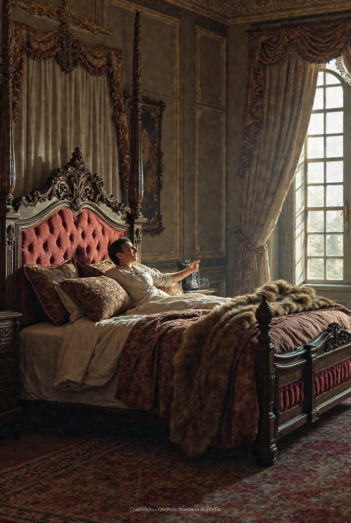 1 man, short straight black hair, lying in bed, sick, in a large and luxurious room in the style of the Ottoman Empire.