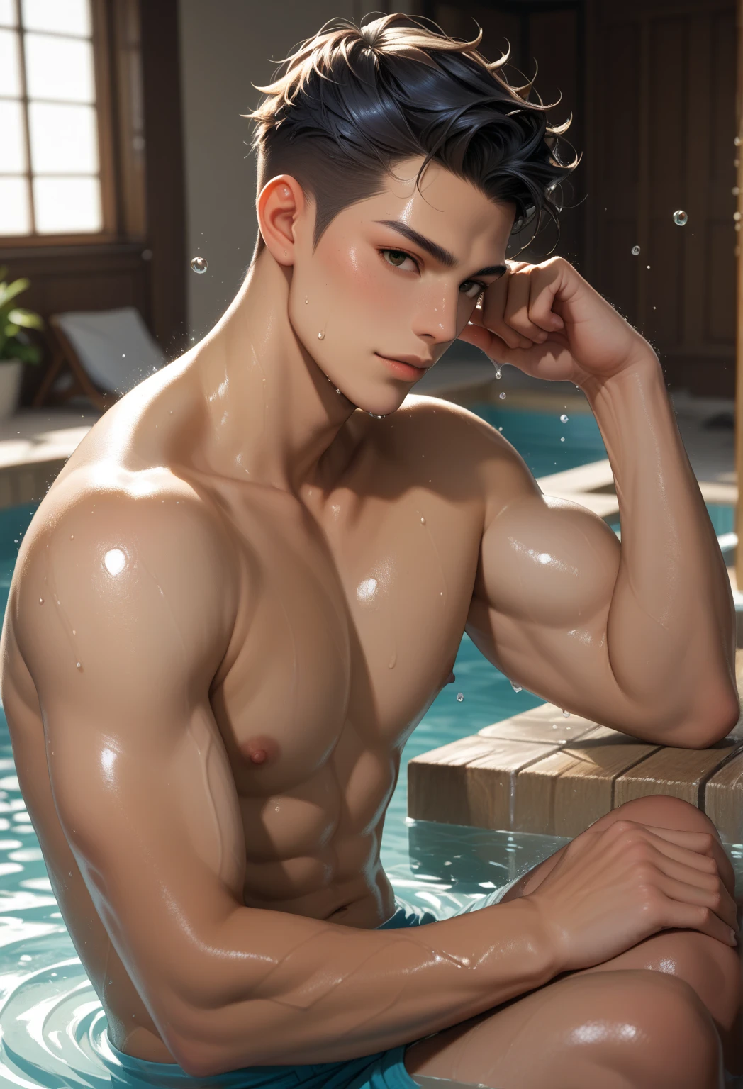 ((Realistic lighting, Best quality, 8K, Masterpiece: 1.3)), Clear focus: 1.2, 1boy, Perfect figure: 1.4, Slim Abs: 1.1, ((White hair)), (bathtub, bath: 1.1), bathtub, pale skin, sculpted slim face, selfie, man, male focus, large pectoral, muscles