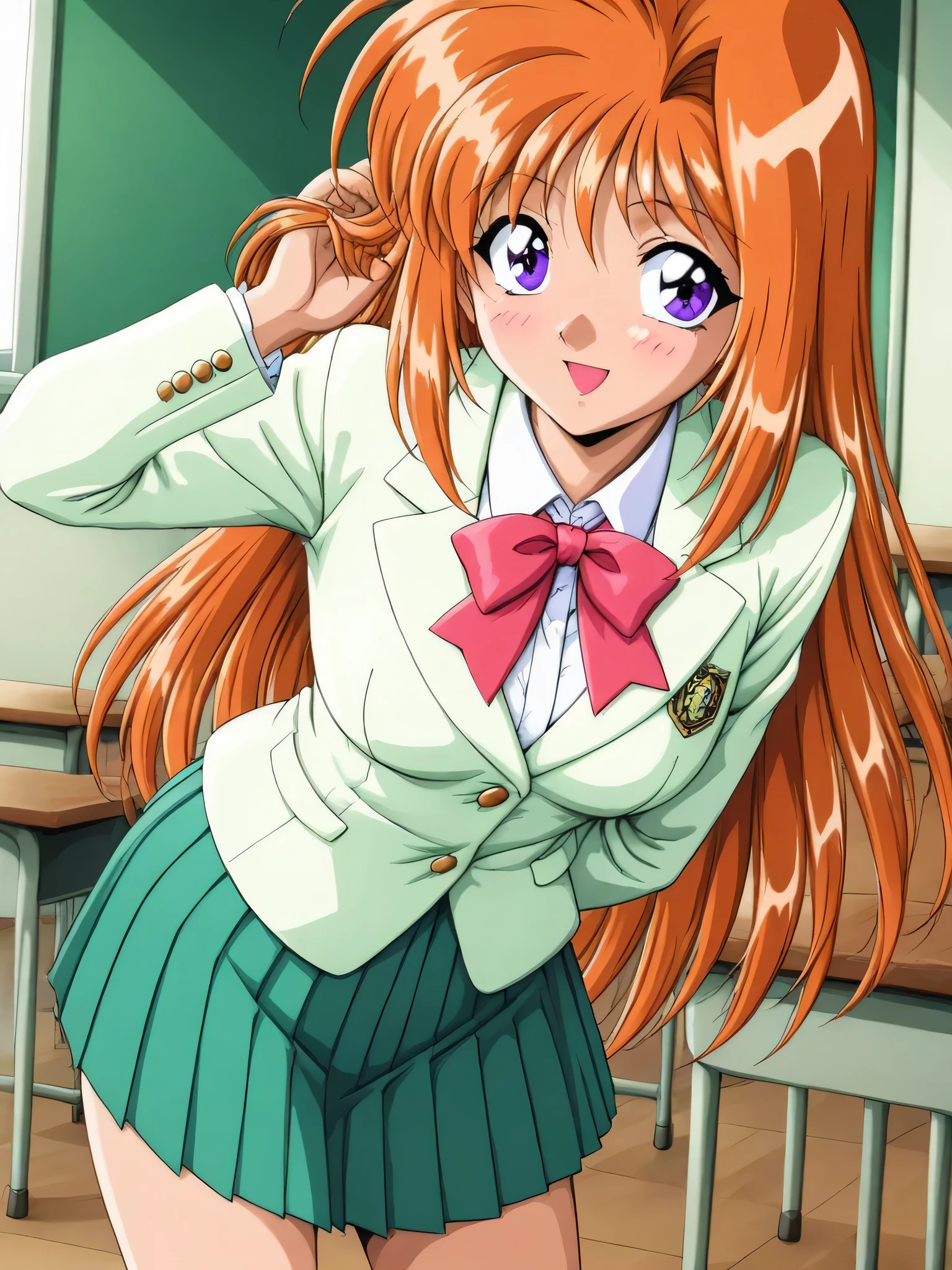 masterpiece, best quality, SaekiRuruna, 1girl, solo, long hair, orange hair, purple eyes, medium breasts, antenna hair, Fruitfulness, smile, blush, 1990s \(style\), School Uniform,blazer,jacket, Collared shirt,Long sleeves,leaning forward,hand in own hair,arm behind back,large midium brests,green pleated skirt,classroom,standing,(bust up shot),