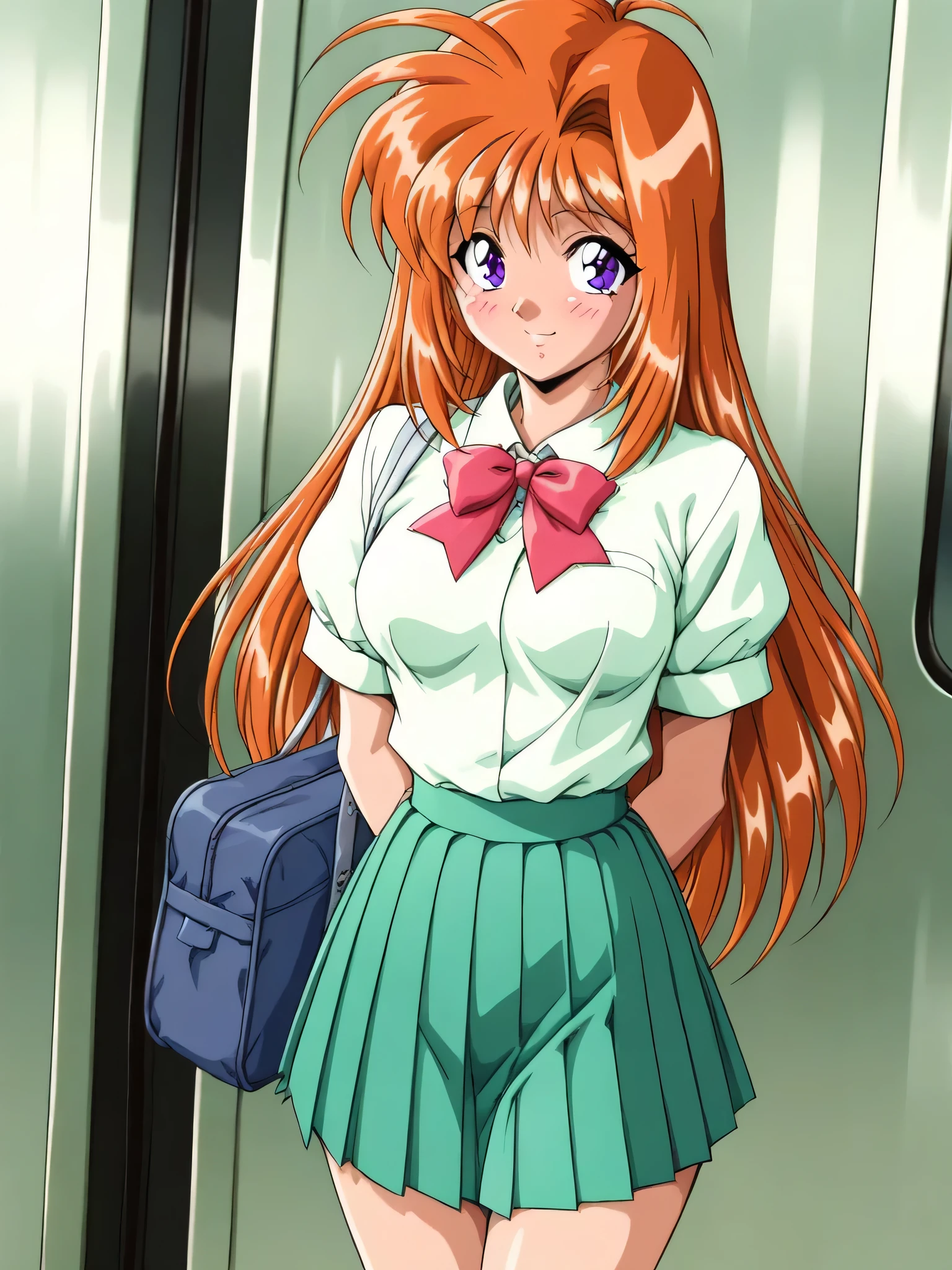 masterpiece, best quality, SaekiRuruna, 1girl, solo, long hair, orange hair, purple eyes, medium breasts, antenna hair, Fruitfulness, smile, blush, 1990s \(style\),School Uniform,Collared shirt,short sleeves,bag,arms behind back,large midium brests,green pleated skirt,crowded train,standing,(bust up shot),