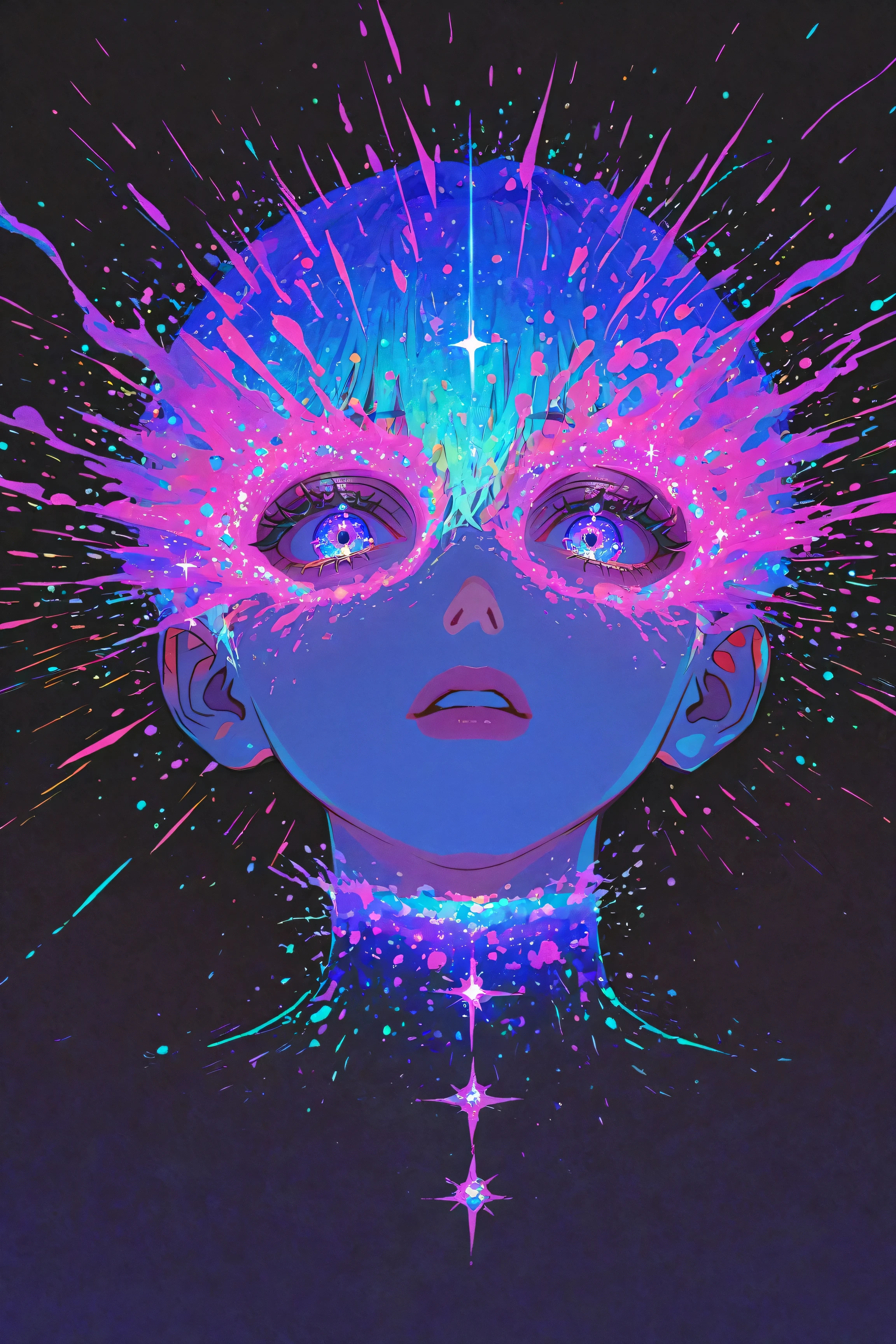 Expressionist artwork image of a single floating ceramic head, face, korean woman, colorful, color splash, neon colors, make it weird and gallery worthy