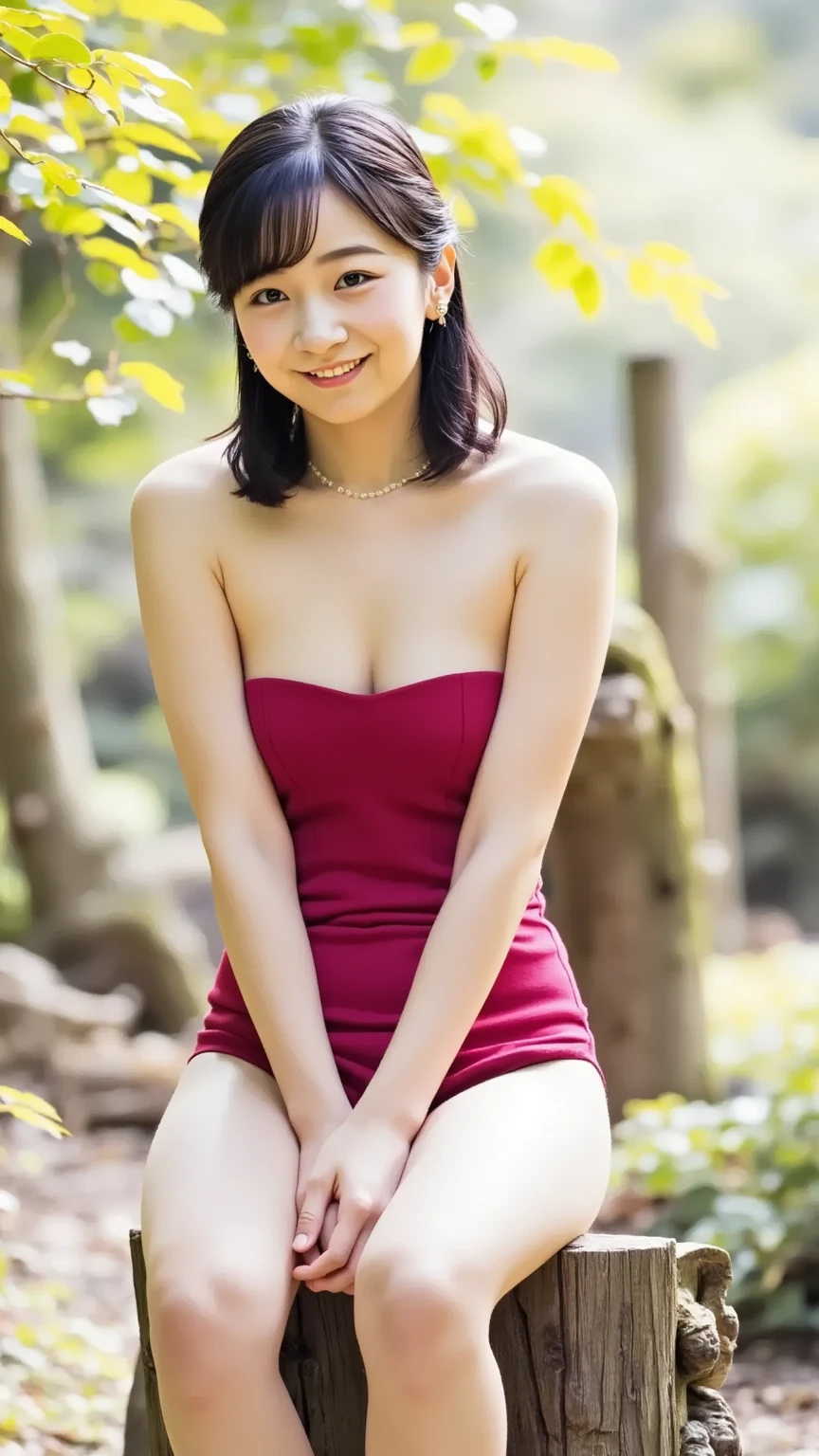 (Best Quality, 8k, 32k, Masterpiece, UHD: 1.2), Cute Japan Woman Pictures, Black Short Hair, Beautiful Face, (Slouch: 1.3), Squatting, (From Top: 1.2), (Close-Up: 1.4), POV, Loose Tank Top, Big Breasts, (Beautiful Nipple Slip: 0.9), Outdoor, Wind, Glossy Skin, Blurry Background, Necklace, Earrings, Beautiful Knees, Fine Skin, Smiling smile, attractive thighs, thighs without sagging, knees without wrinkles