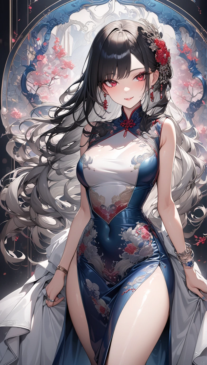 Official Art, Unified 8K Wallpapers, Ultra Detailed, Beautiful and Aesthetic, Masterpiece, Best Quality, (Zentangle, Tangle, Entangle), (fractal art: 1.4), 1girl, black hair, Chinese, bare shoulders, short skirt, calf, navel, very detailed, dynamic angle, cowboyshot, (most beautiful form chaos), flowing, (bright colors), oc, (half: 1.2), china, (thangka flying sky: 1.5), (ribbon: 1.3), (dream: 1.5), (hanfu: 1.5), Chinese dragon, Chinese phoenix, (smile: 0.5), (Chinese deity),