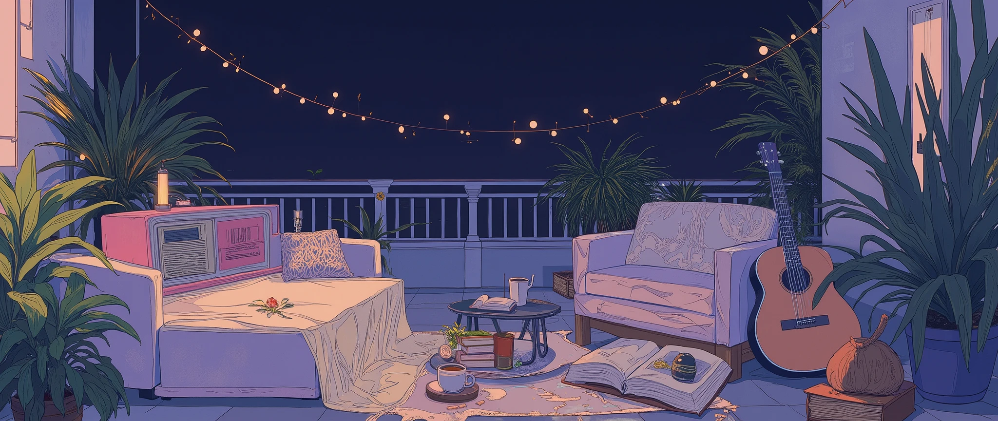 Rooftop at night、nighttime scene、outside of house、with no people、Calm and meditative atmosphere、houseplant、Lo-fi atmosphere、String Light、Cozy sofa、Pink radio with retro design、Hot coffee on the coffee table、Warm blanket、 books、There is an acoustic guitar、