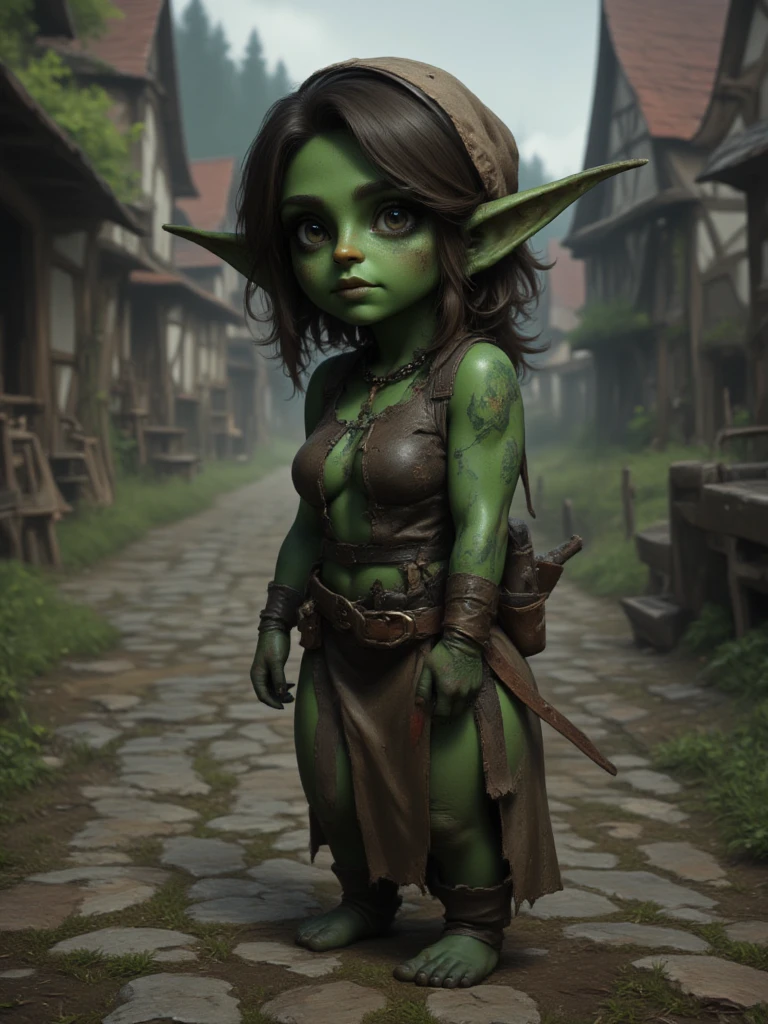 (masterpiece), (extremely intricate:1.3), female goblin, small, short, 2 feet tall, light green skin, dirty grimy skin, long, pointy ears are slightly crooked, her sharp teeth are partially rotten due to poor dental hygiene, messy green hair hangs in tangles around her face, partially obscuring her bright green eyes, She wears a ragged poncho, barefoot, large silly hate, cute