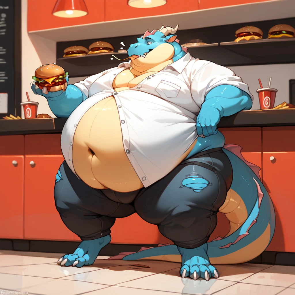a solo, female, (morbidly obese) female (dragon) (colorful scales), (satisfied), standing, (inside), (kitchen), (chubby cheeks:1.2), (flabby arms:1.4), double chin, fat neck, (thight) black top, black short, (scales), (hyper breasts), food, feeding, bald, tail aside, (scenery porn), (looking down:1.2) (full-length portrait:1.3) by oouna, (by sugarboy), (by thesociallyawkwardpinguin:0.8), (by whooo-ya:1.2),
ussbbw, (belly on table) (pile of burgers:1.3), eating, weight gain 
