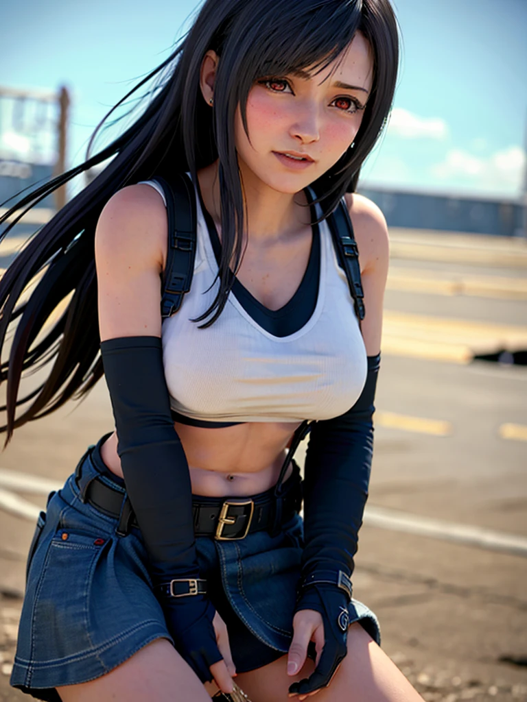 (Photorealistic: 1.4), Top quality, Very delicate and beautiful, high resolution, 1 girl walking on a country road, ff Tifa_lockhart, Smile, Cowboy shot, Mini skirt, vests, Black hair, Long hair, Elbow gloves, Beautiful detailed red eyes, Face light, Movie lighting, navel, High exposure, Belly exposure, the ribs, Abs, ( gigantic cleavage breasts: 1.2), dynamicposes,full bodyesbian