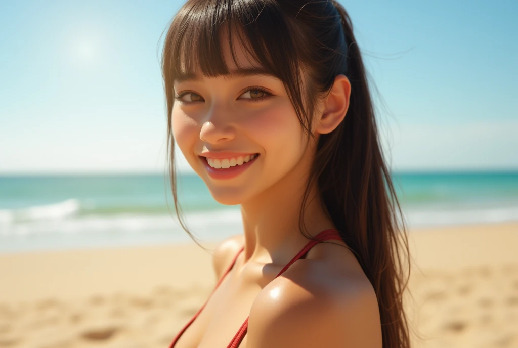 Beach, sunset, Soft lighting, Close-up portrait photo of a cute idol in a swimsuit, Playful pose, smile, Vibrant colors, Realistic, Attention to detail