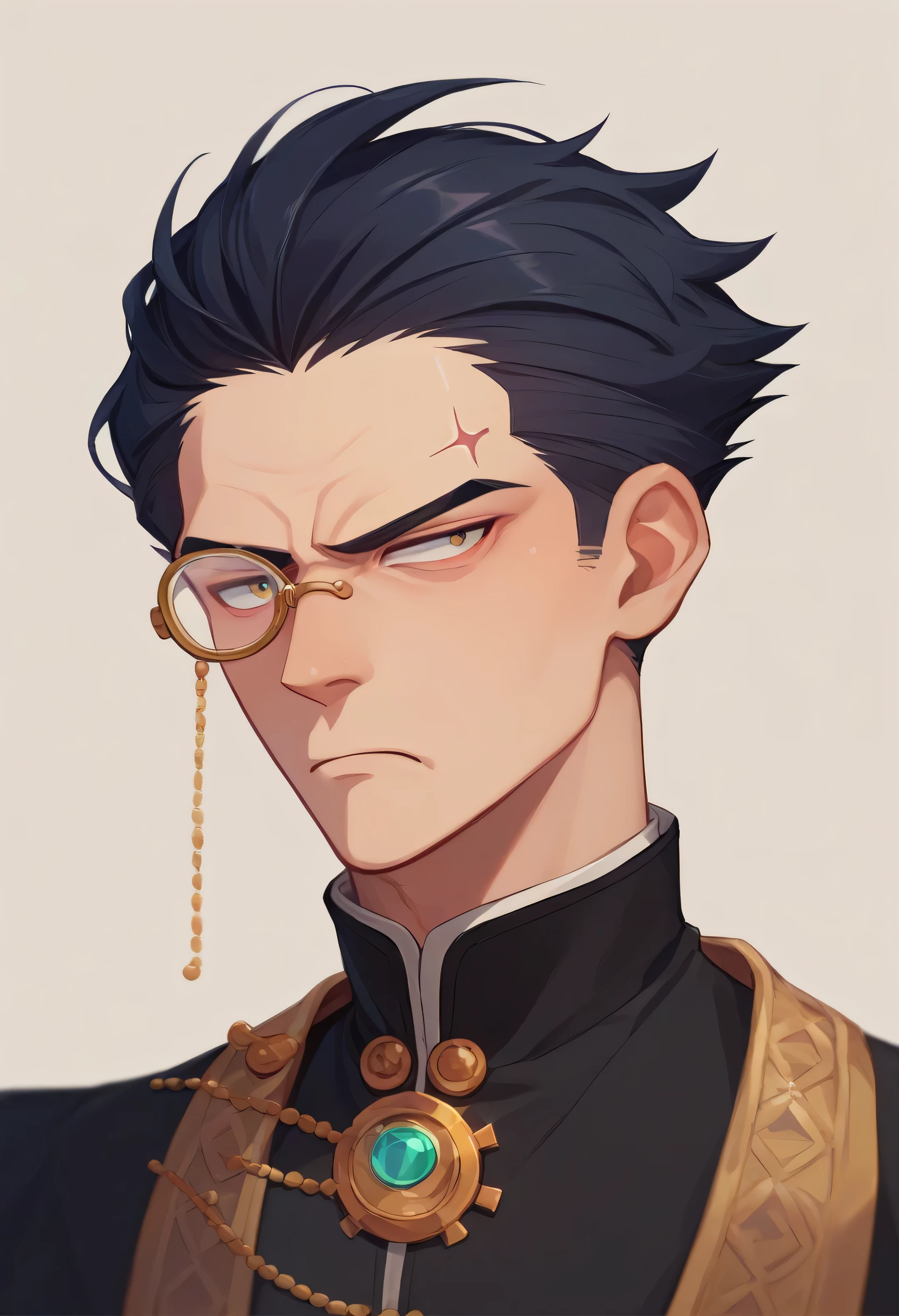 score_9_up score_8_up score_7_up, 1boy solo, black hair, monocle goggle, middle aged man, short hair slicked back, crooked nose, preist attire, black clothing, annoyed, glass shine