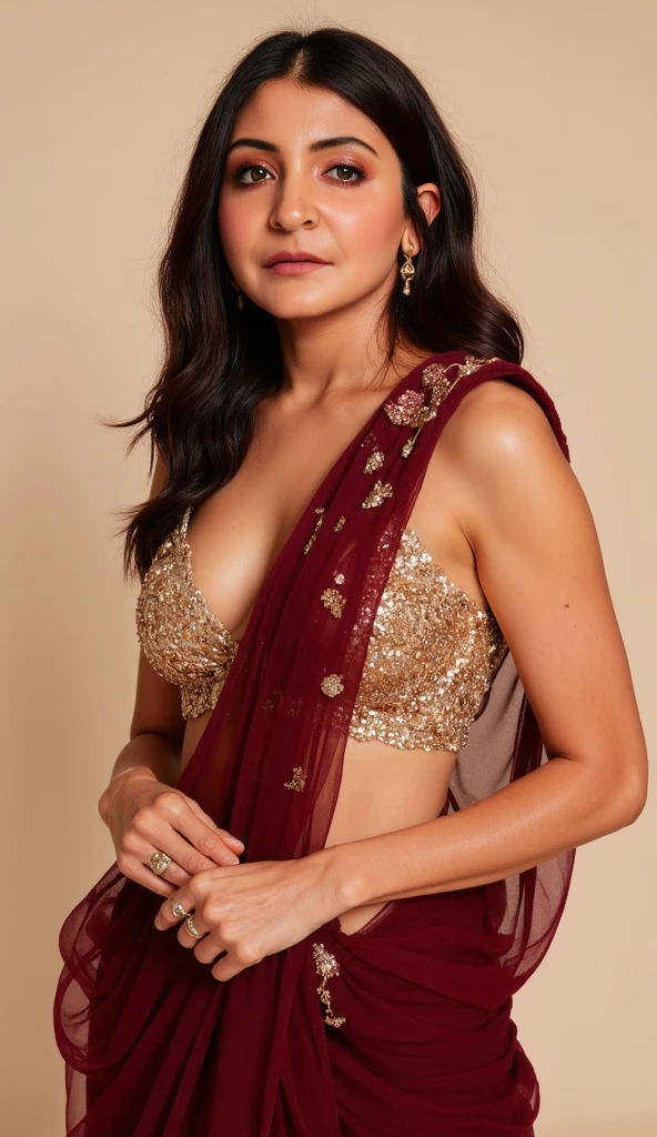 T4mm,a closeup full body photo of a woman, long shaggy hair, ((amazing milf body)), pronounced feminine feature, busty,(((transparent saree))), [shaggy hair], flirting with camera,t4mm body, (((ultra realistic))), 33 year old face, sexy navel and cleavage, photo realistic,busty, looking at viewer, fleshy body, milky,(( milf fleshy face)), hugged by a man