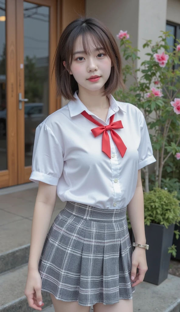 masutepiece, Best Quality, Ultra-detailed, finely detail, hight resolution, 8K, Perfect dynamic composition,japanes、a couple、hi-school girl、Schools、Standing in front of the blackboard、((Full body like))、((Uniform in white))、((Red mini skirt))、((Stold nipples))、lowfers、White High Socks Big Breasts、embarrassing smile、bangss、((Red cheeks)Beautiful detailed eyes,  Medium short hair, Natural Color Lip,natural soft light