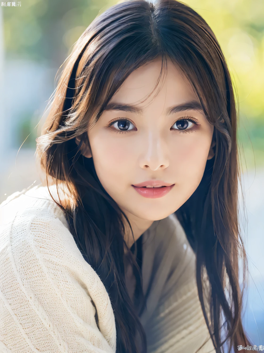 beautiful girl、perfect female body、Japanese、from the chest up、18-year-old、Idol、cute、big breast knit sweater、Face long beauty
