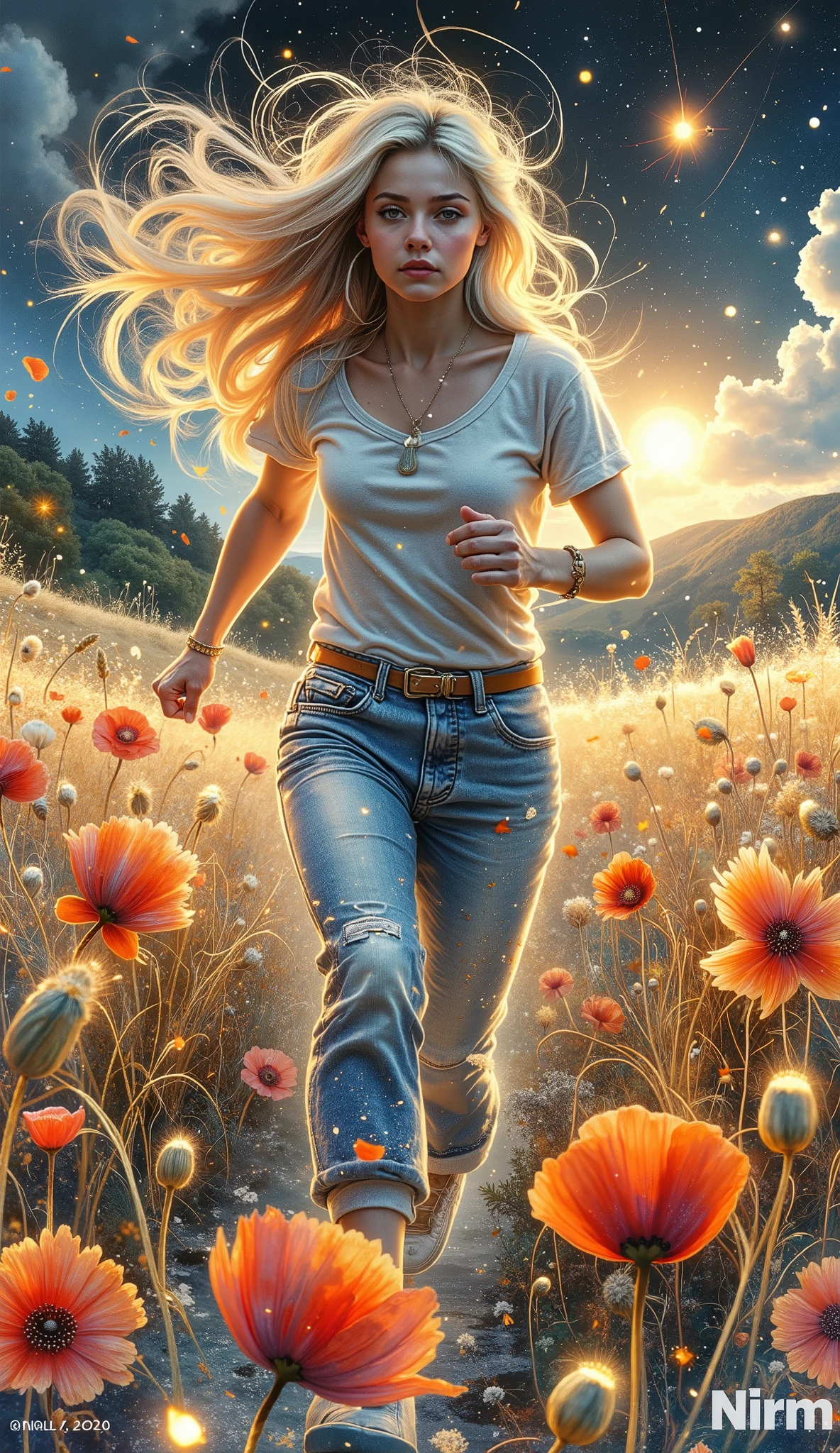 Strong wind blowing. Dynamic frame. Bright poppies and golden ears of wheat bend in a strong wind. The petals of the poppies scatter in the wind. A young asthenic woman with long blonde hair runs through a field against the wind along the border between red poppies and wheat. The woman's figure is tense and tilted against the wind. The woman's clothes and hair flutter in the wind, creating a feeling of overcoming and fighting the elements. The sun breaks through the clouds, creating bright rays of light. There are green hills in the background. The color scheme highlights the contrast between the delicate and airy figure of a fragile woman and the mighty force of nature. The landscape evokes a sense of anxiety, nostalgia and the beauty of nature.Side view. The poppies in the foreground and the figure of a running woman are most clearly visible. The shallow depth of field blurs wheat and distant hills. Photorealistic, natural light, muted colors. Impressionistic, painterly style. The rule of thirds. Stylization.