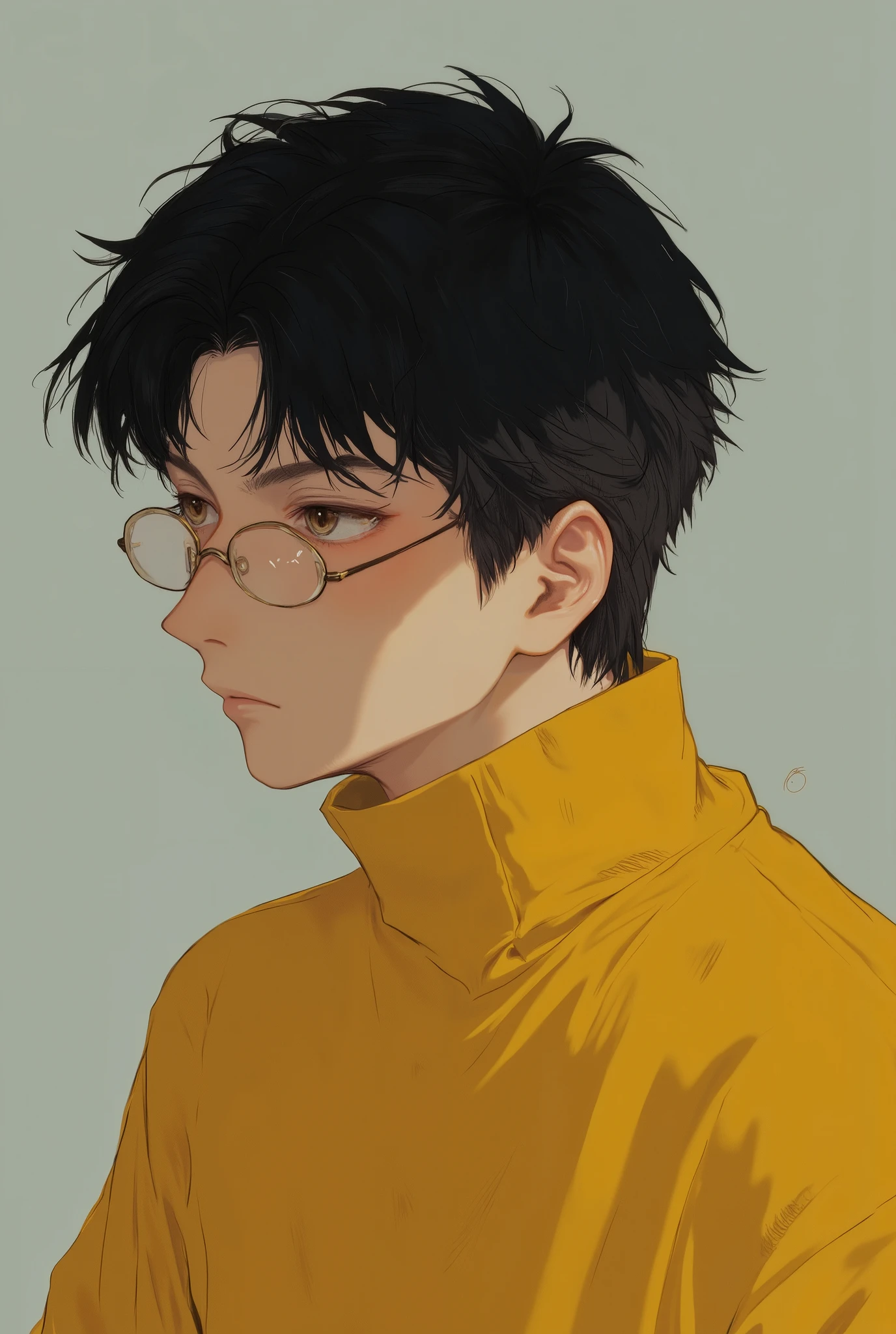 A handsome young man with short black hair, hazel eyes, wearing a yellow sweater that covers her neck, and also wearing black glasses, but their lenses are transparent. Her features are close.
