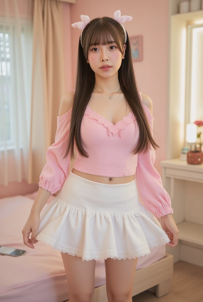 Smile、night、original photography、(((ultimate beauty portrait)))、((sparkling skin))、1 girl、Beautiful 15 year old girl from Prague、bright expression、((brown hair))、(cleavage)、(frilly skirt:1.5)、((Big eyes sparkling like gems))、cardigan、open your clothes、pantyhose、Glowing and radiant skin、(medium hair)、(silk ponytail)、(standing)、(from below)、under skirt、(from below看内衣的特写)、Eyeliner、beautiful bangs、hair between eyes、((​Masterpiece、top quality、Super detailed、lamp、intricate details、high resolution、Very detailed))、background for this、8 kood、digital SLR、soft light、high quality、film grain、富士XT3 、shallow view deep、natural soft light、Kamimei、plump bust